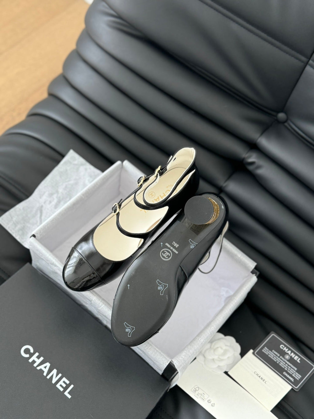 CC MARY JANE SHOES THREE STRAPS BLACK LAMBSKIN WITH GOLD HARDWARE