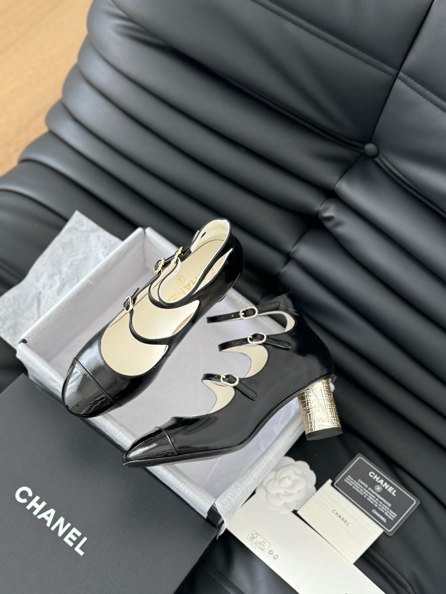 CC MARY JANE SHOES THREE STRAPS BLACK LAMBSKIN WITH GOLD HARDWARE