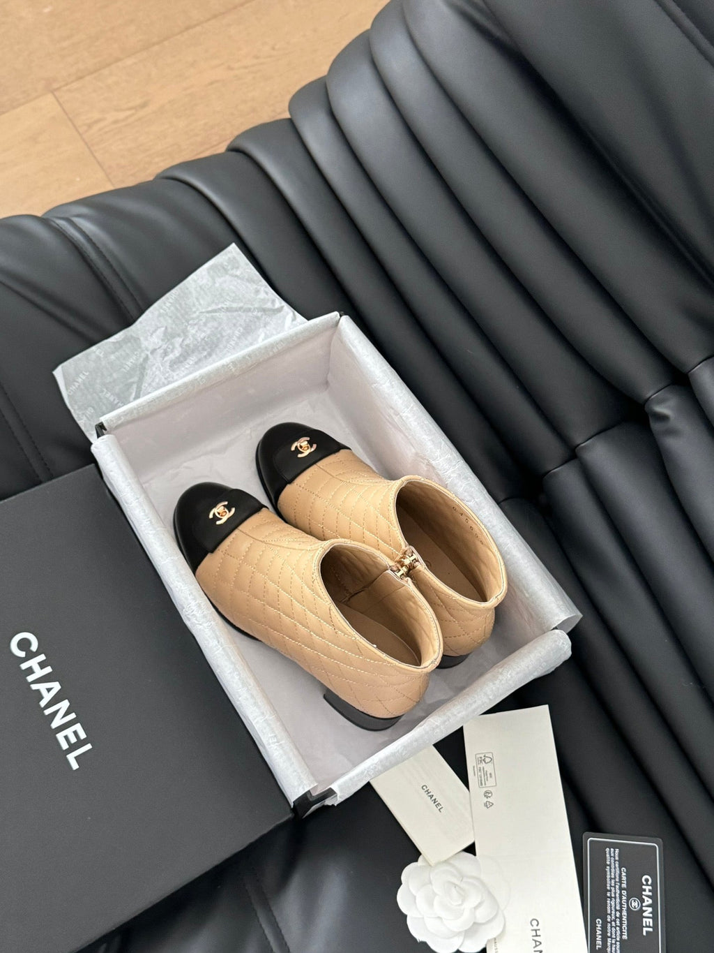 CC SHORT BOOTS 65 MM IN SEPIA BEIGE MIX BLACK QUILTED PATTERN LAMBSKIN