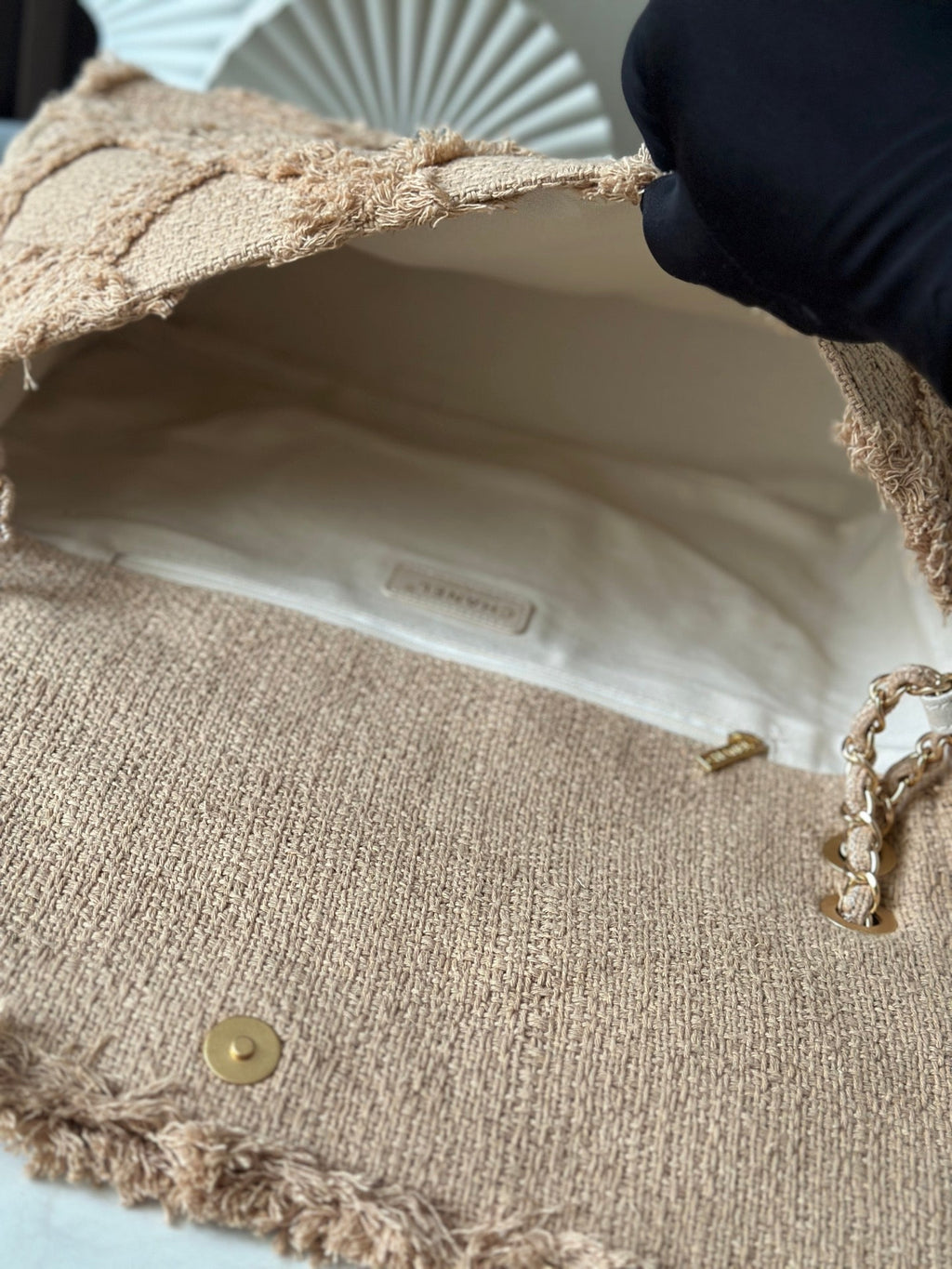 CHANEL 25S FLAP BAG 38 IN BEIGE FABRIC