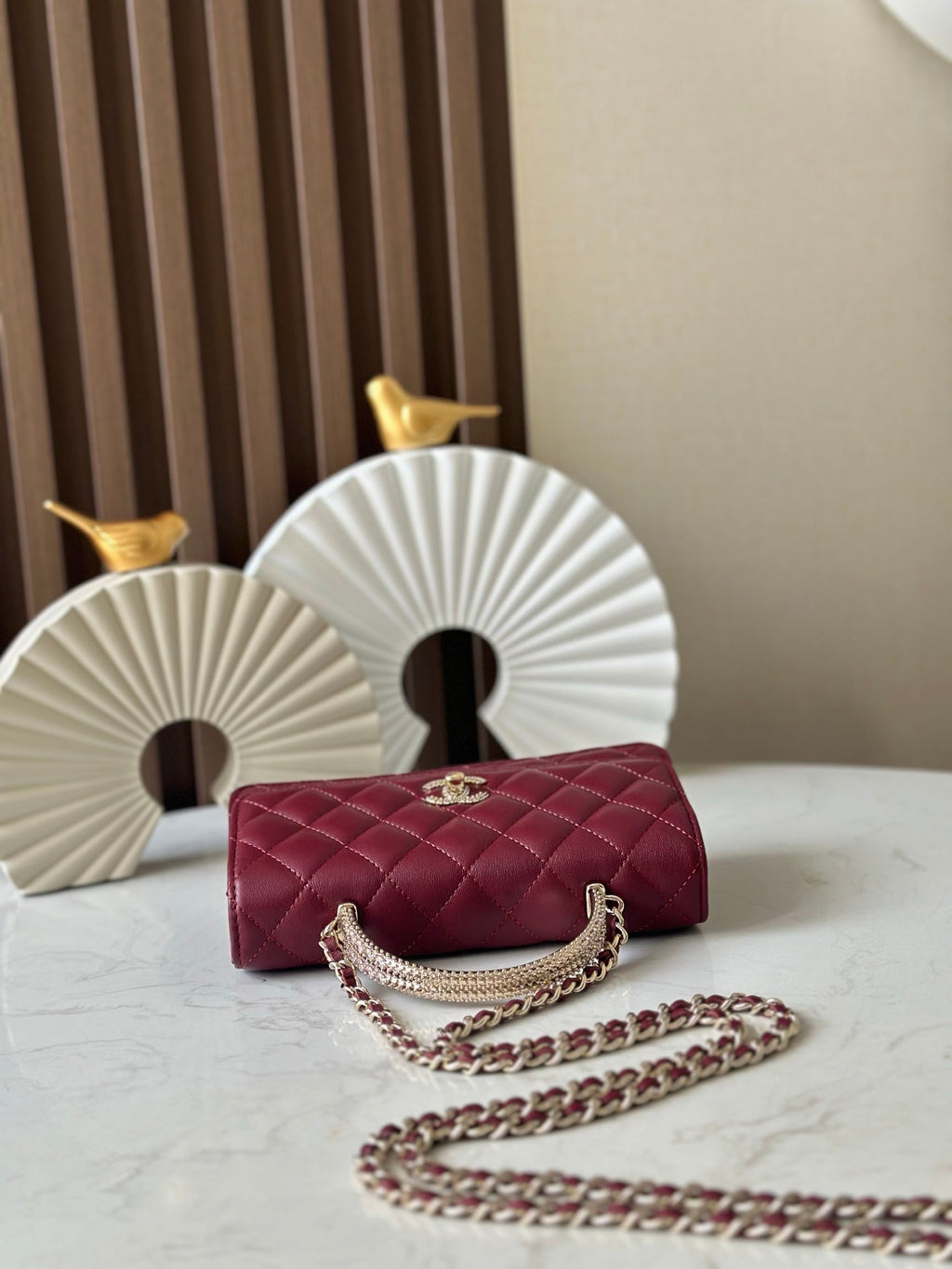 CHANEL 25S TOP HANDLE WALLET 19 IN DARK RED CALFSKIN WITH GOLD HARDWARE