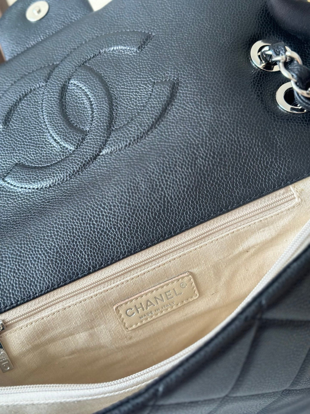 CHANEL 25S SHOULDER BAG 34 IN BLACK CAVIAR WITH SILVER HARDWARE