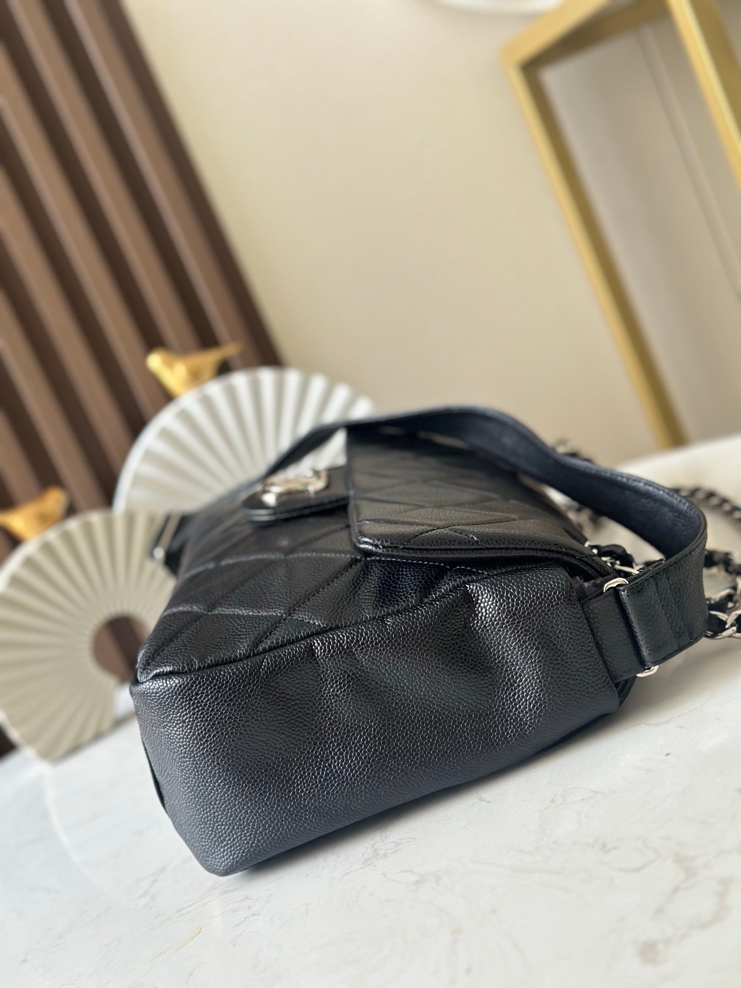 CHANEL 25S SHOULDER BAG 34 IN BLACK CAVIAR WITH SILVER HARDWARE