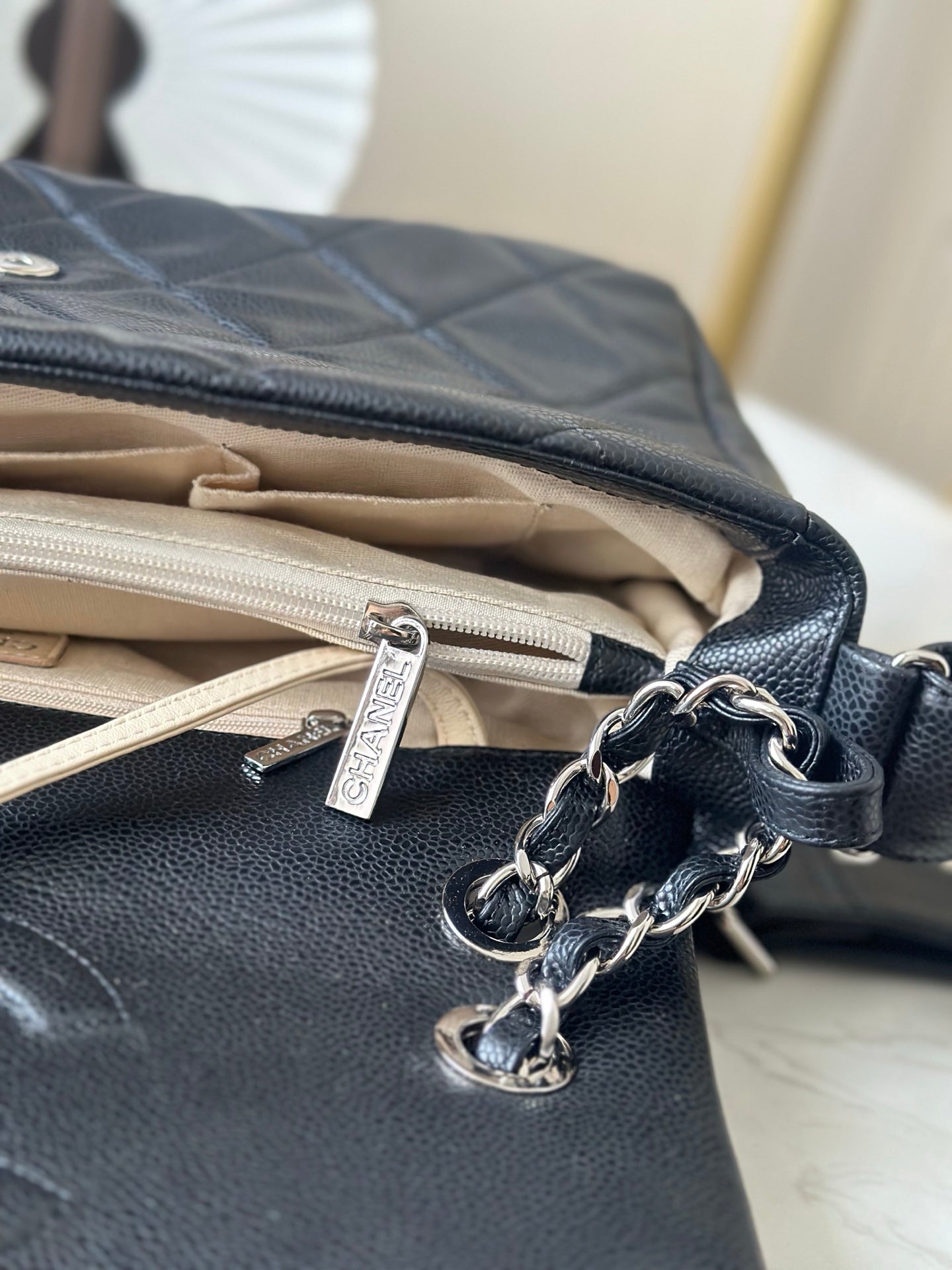 CHANEL 25S SHOULDER BAG 34 IN BLACK CAVIAR WITH SILVER HARDWARE