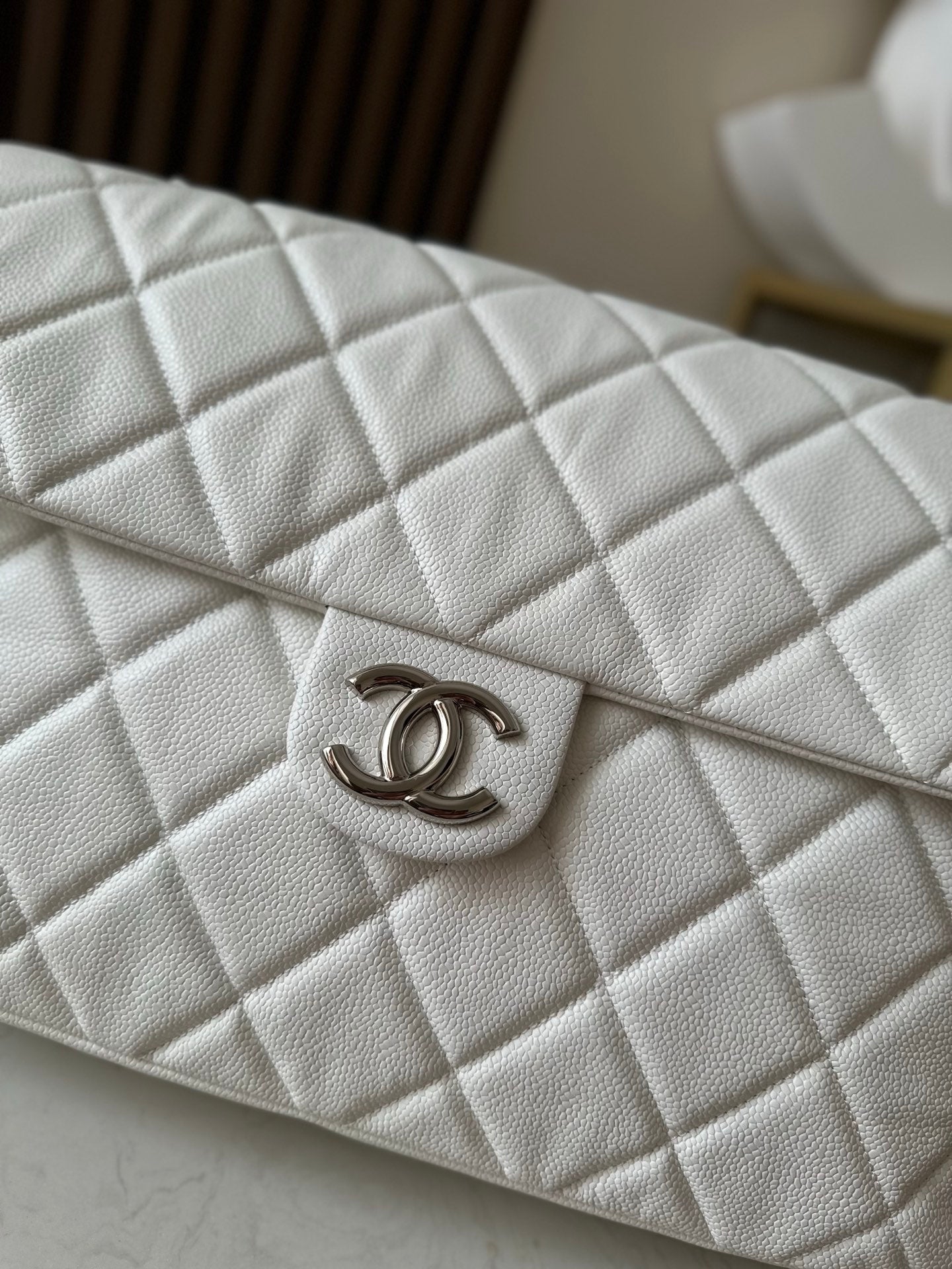 CHANEL 25S SHOULDER BAG 34 IN WHITE CAVIAR WITH SILVER HARDWARE