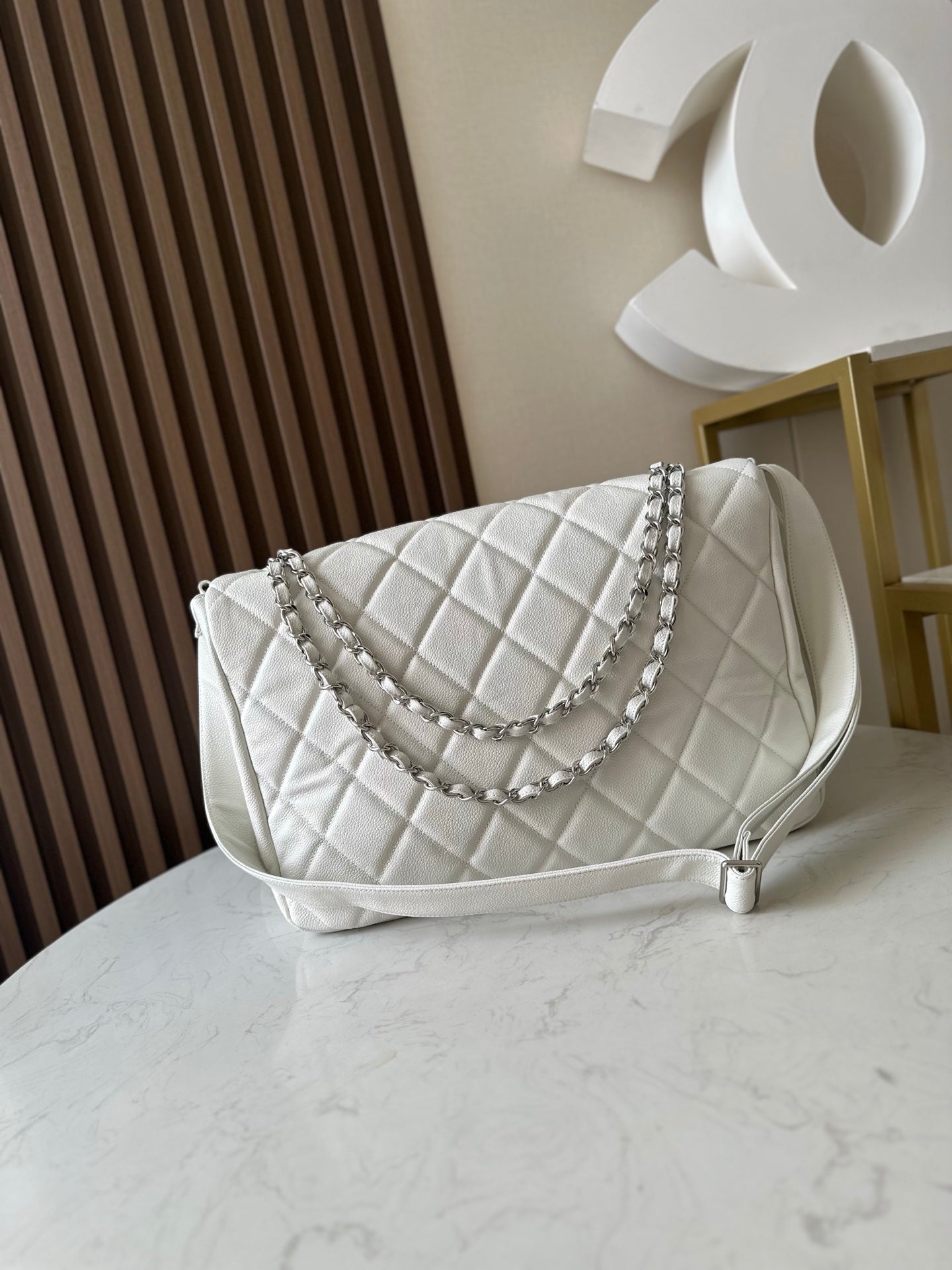 CHANEL 25S SHOULDER BAG 34 IN WHITE CAVIAR WITH SILVER HARDWARE
