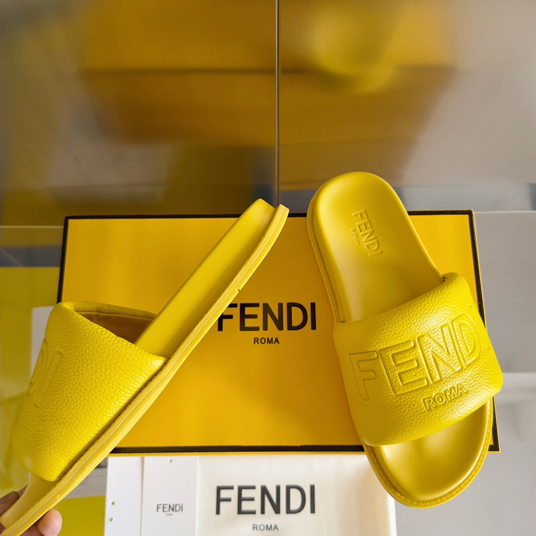 FENDI ROMA SLIDES IN SUNSHINE YELLOW FUSSBETT LAMBSKIN