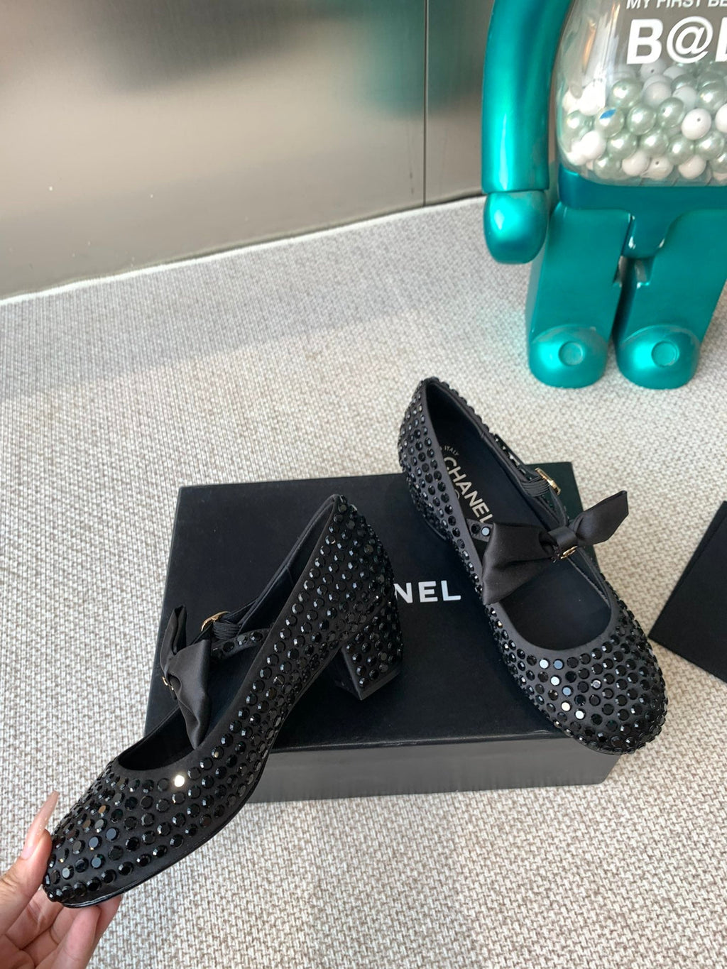 CC MARY JANES SHOES IN BLACK SATIN WITH RHINESTONES