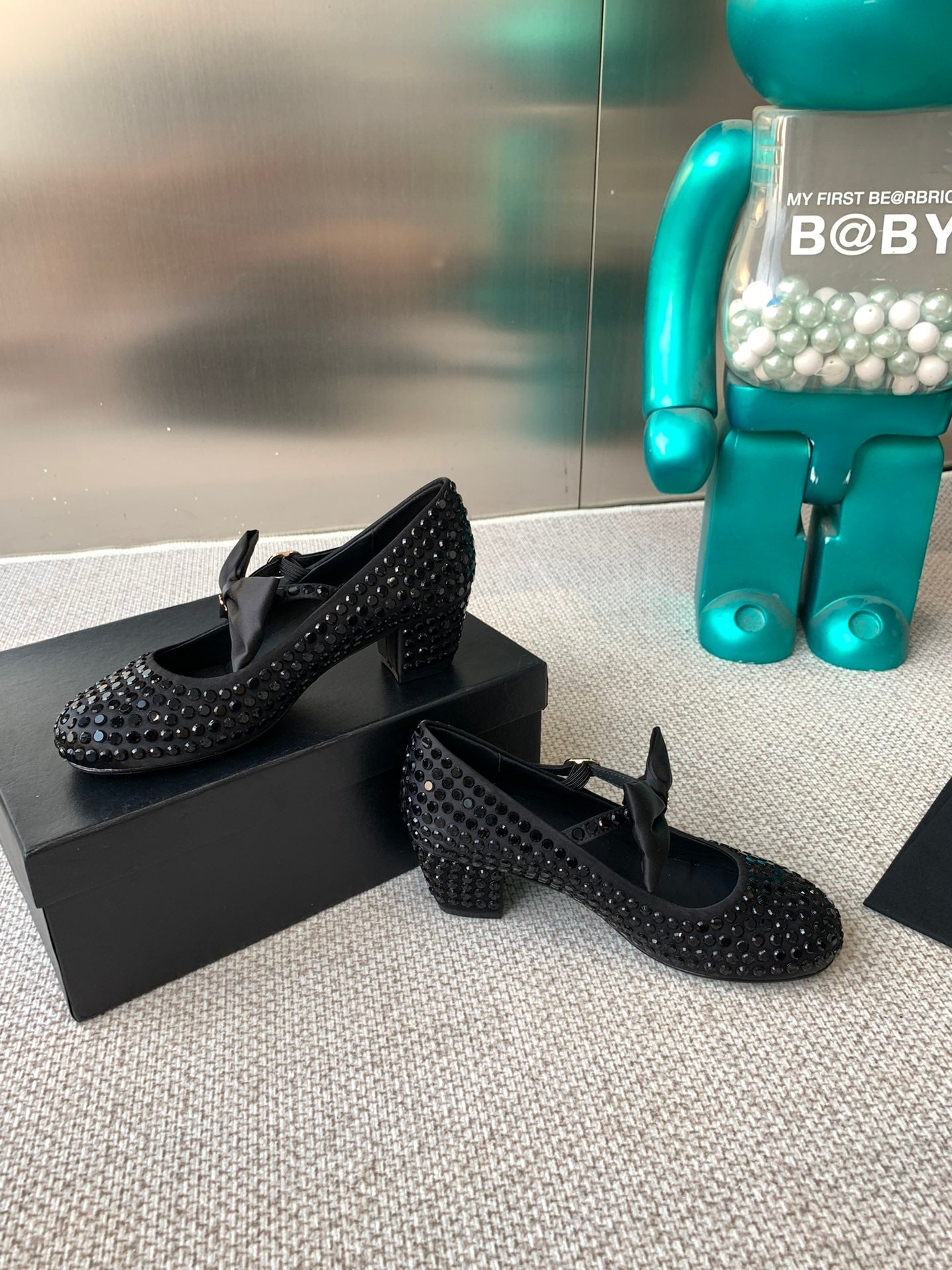 CC MARY JANES SHOES IN BLACK SATIN WITH RHINESTONES