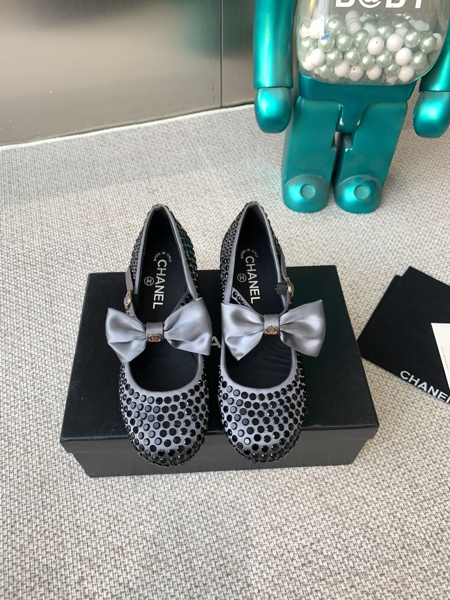 CC MARY JANES SHOES IN STEEL GRAY SATIN WITH BLACK RHINESTONES