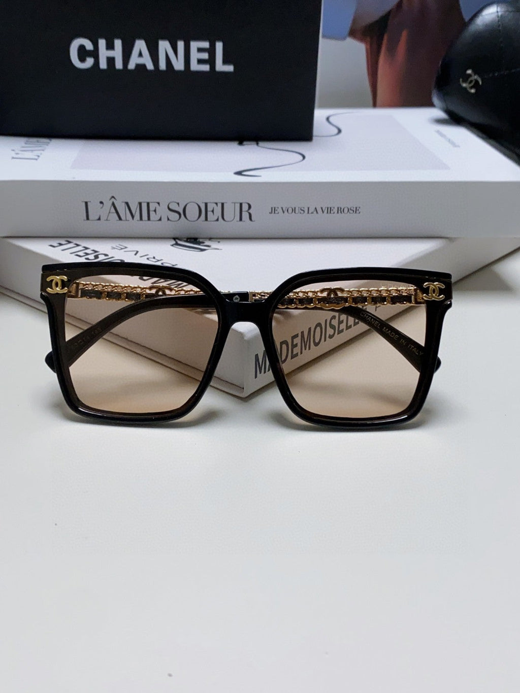 SQUARE SUNGLASSES 632883 IN BLACK ACETATE LIGHT BROWN LENSES