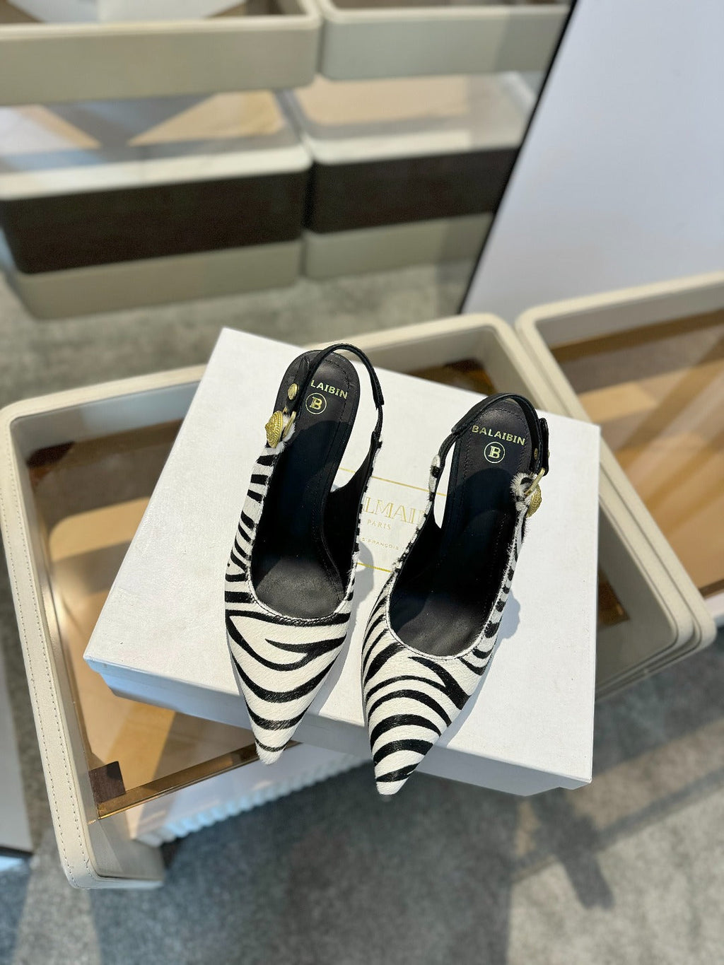 BALMAIN 25S SLINGBACK EVA 95MM IN WHITE AND BLACK ZEBRA PRINT CALFSKIN