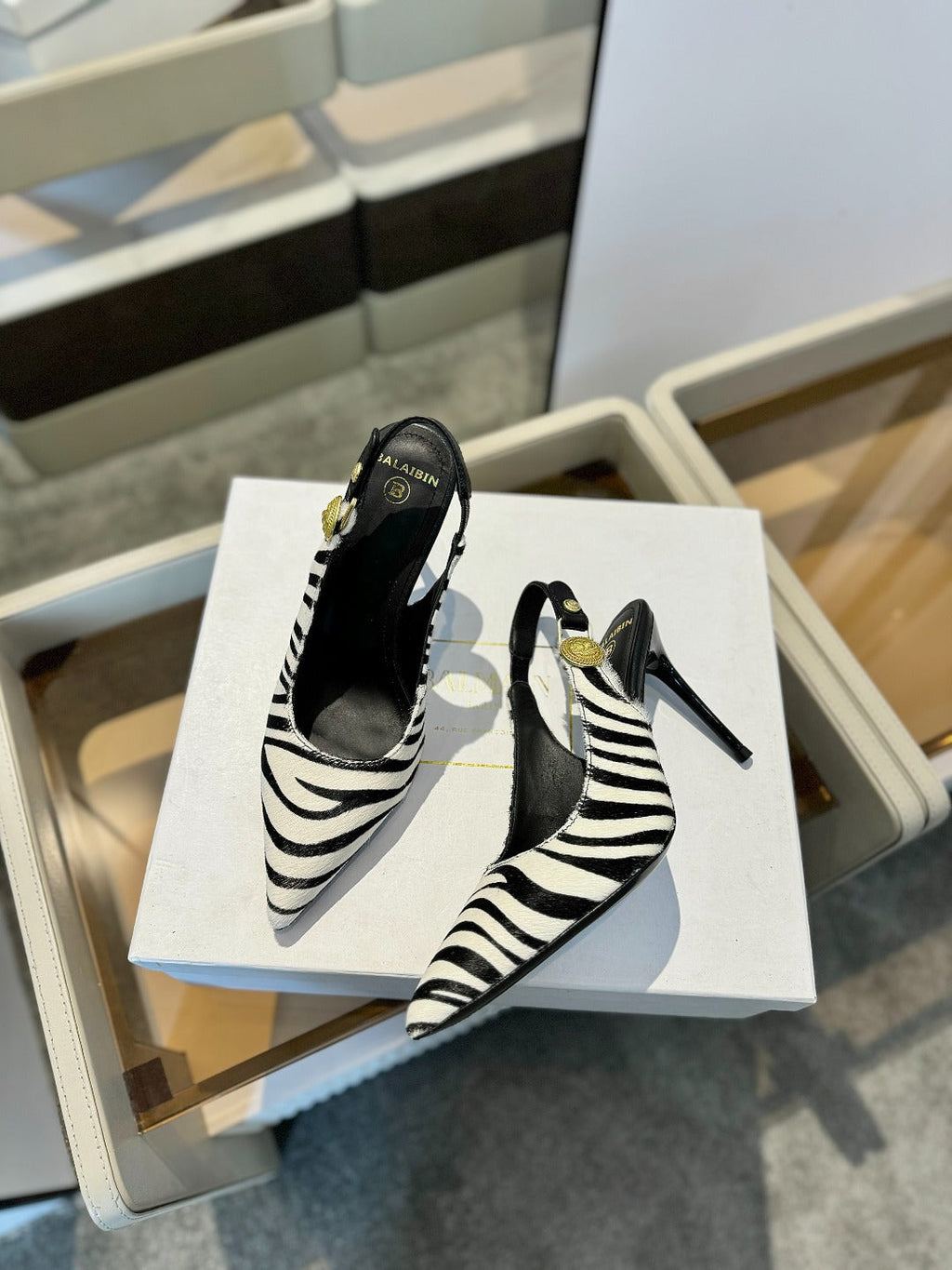 BALMAIN 25S SLINGBACK EVA 95MM IN WHITE AND BLACK ZEBRA PRINT CALFSKIN