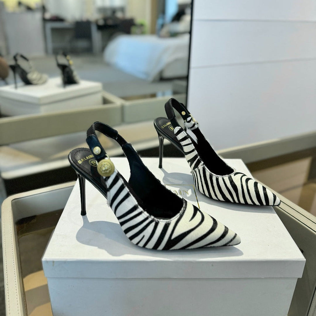 BALMAIN 25S SLINGBACK EVA 95MM IN WHITE AND BLACK ZEBRA PRINT CALFSKIN