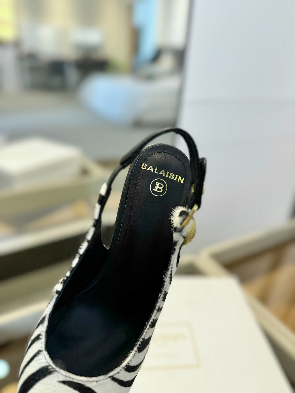 BALMAIN 25S SLINGBACK EVA 95MM IN WHITE AND BLACK ZEBRA PRINT CALFSKIN