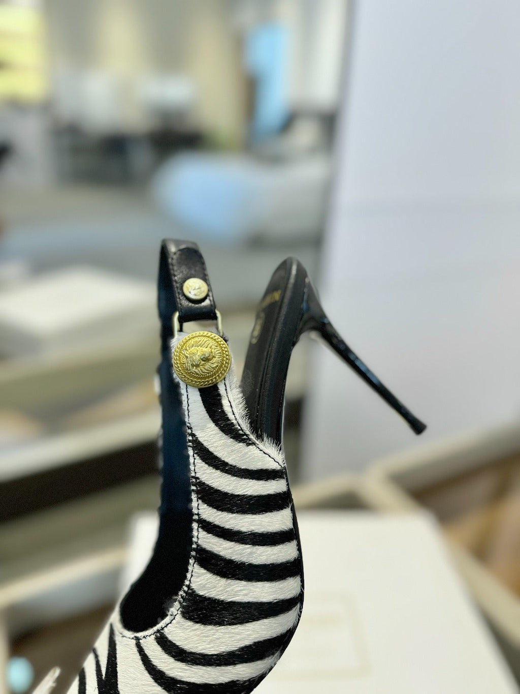 BALMAIN 25S SLINGBACK EVA 95MM IN WHITE AND BLACK ZEBRA PRINT CALFSKIN