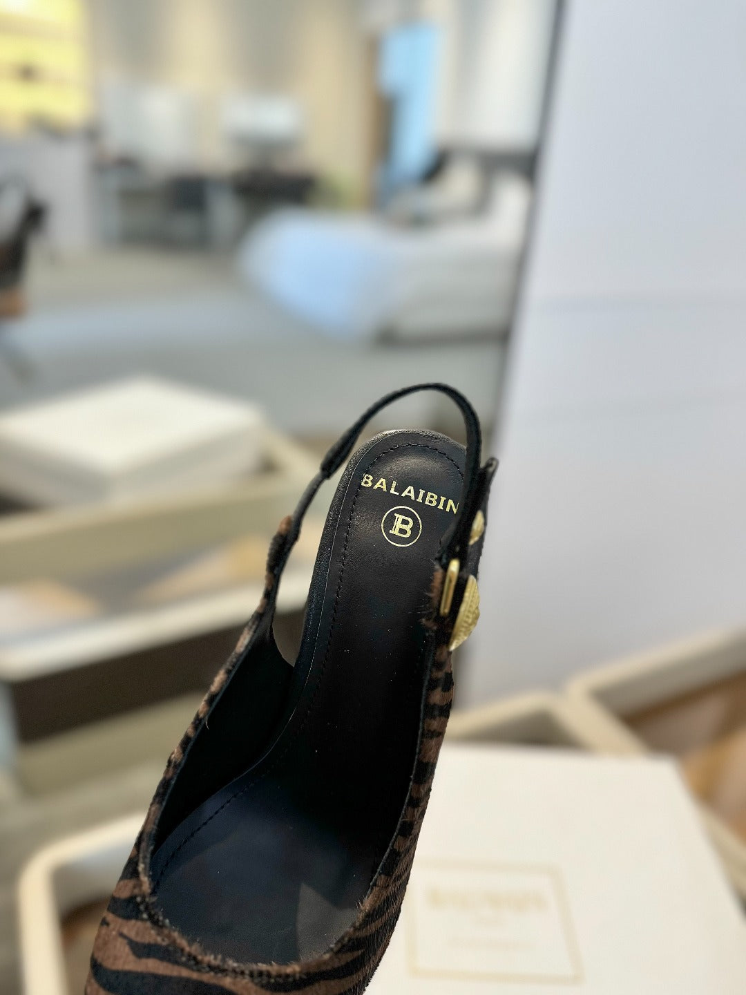 BALMAIN 25S SLINGBACK EVA 95MM IN BROWN AND BLACK ZEBRA PRINT CALFSKIN