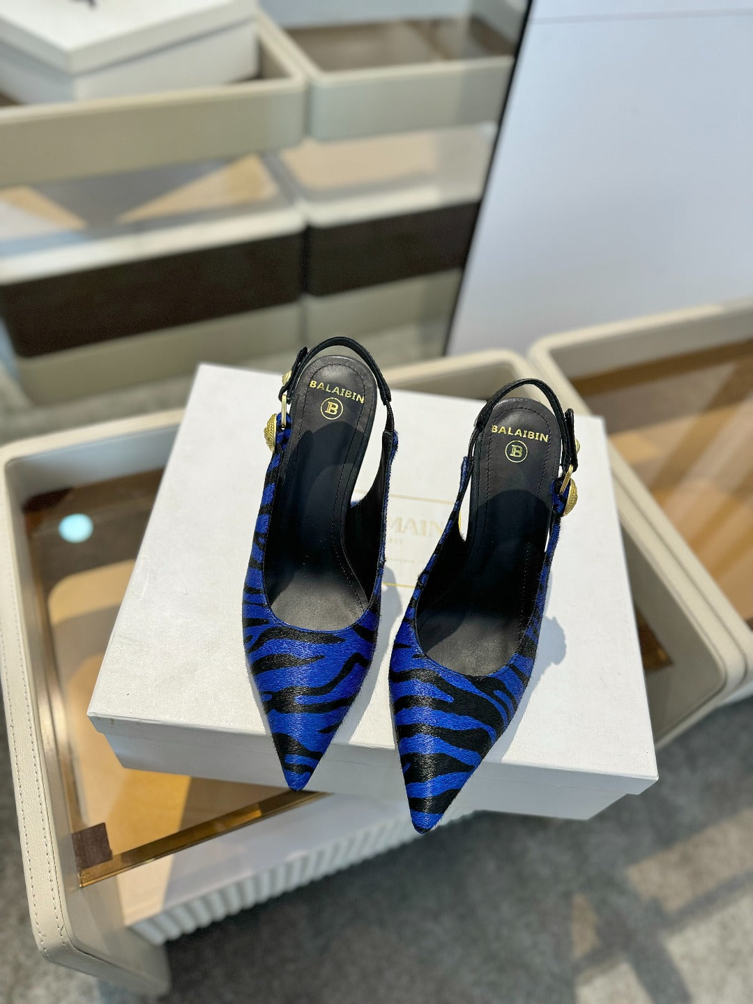 BALMAIN 25S SLINGBACK EVA 95MM IN BLUE AND BLACK ZEBRA PRINT CALFSKIN