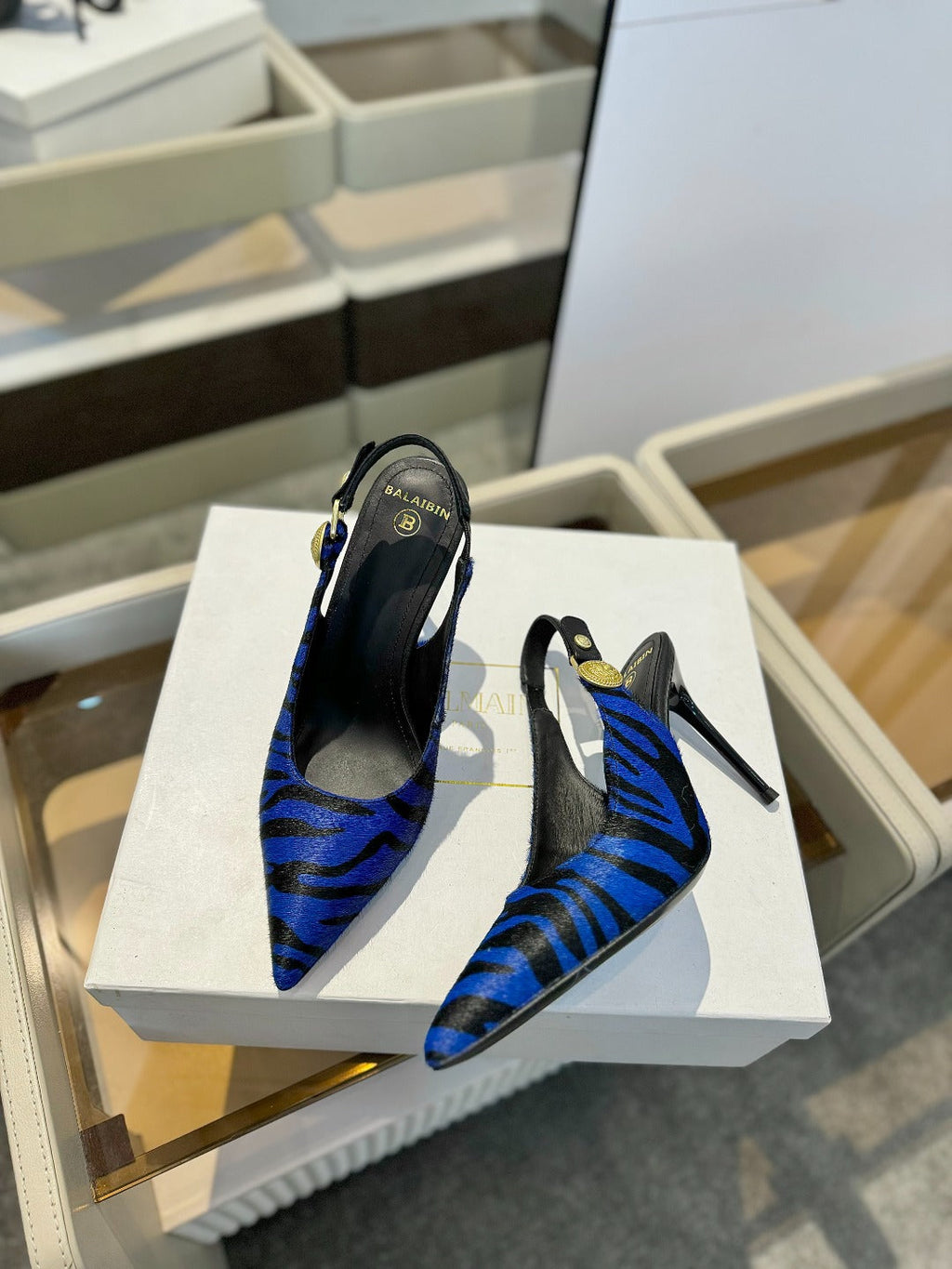 BALMAIN 25S SLINGBACK EVA 95MM IN BLUE AND BLACK ZEBRA PRINT CALFSKIN