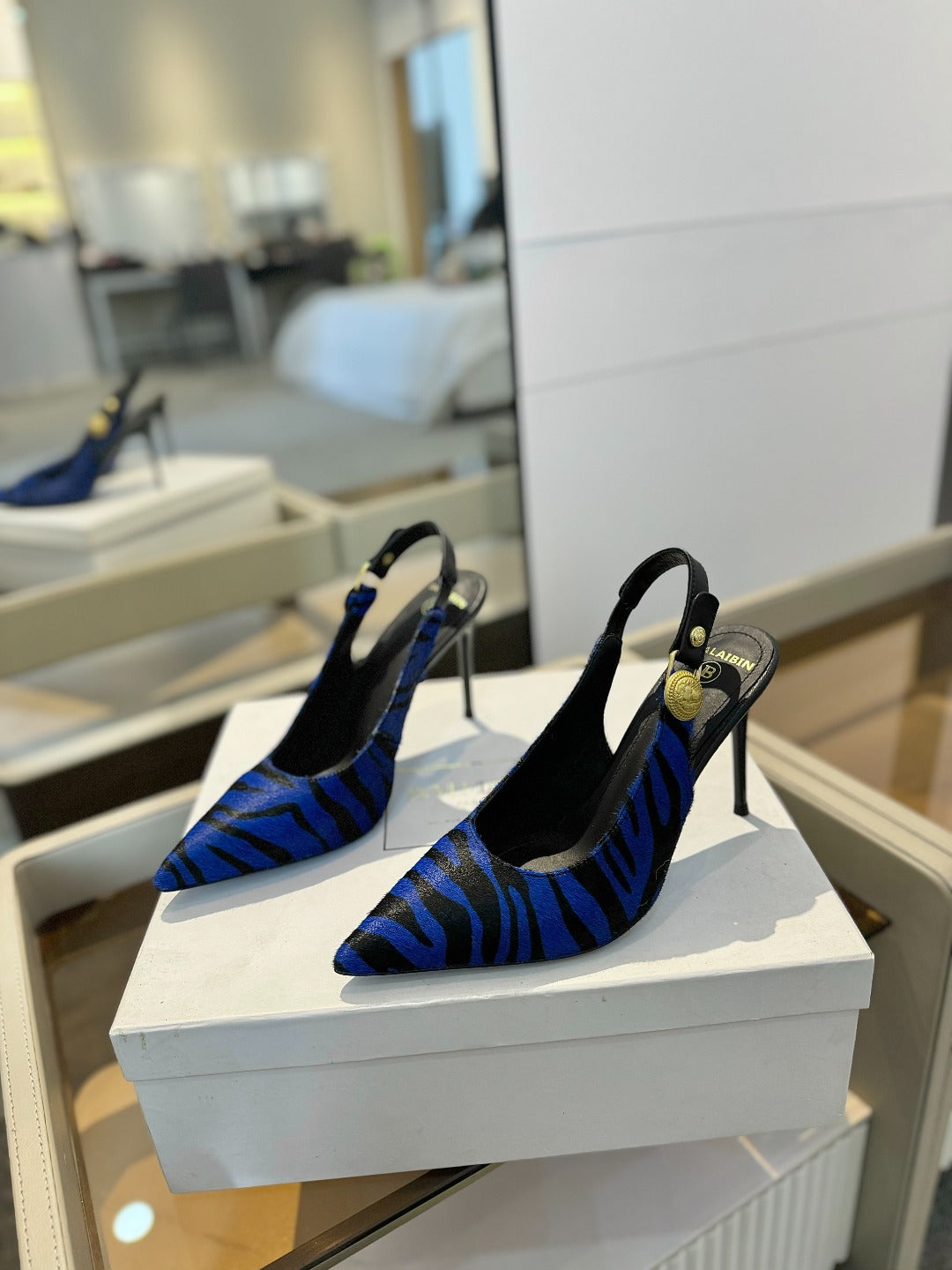BALMAIN 25S SLINGBACK EVA 95MM IN BLUE AND BLACK ZEBRA PRINT CALFSKIN