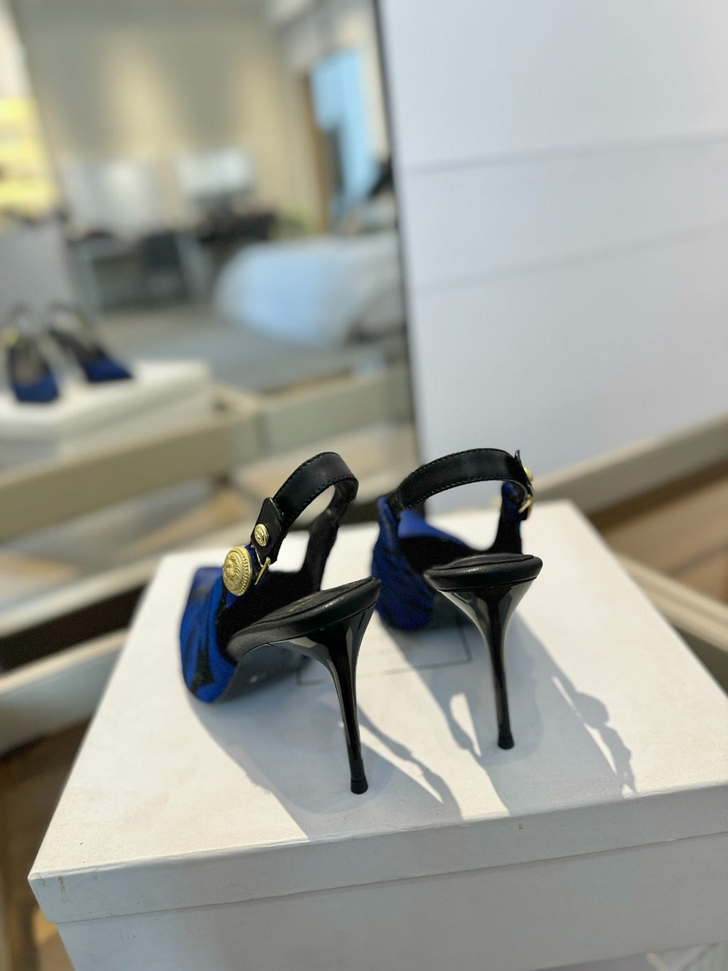 BALMAIN 25S SLINGBACK EVA 95MM IN BLUE AND BLACK ZEBRA PRINT CALFSKIN