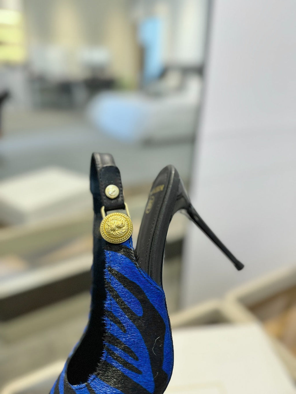 BALMAIN 25S SLINGBACK EVA 95MM IN BLUE AND BLACK ZEBRA PRINT CALFSKIN