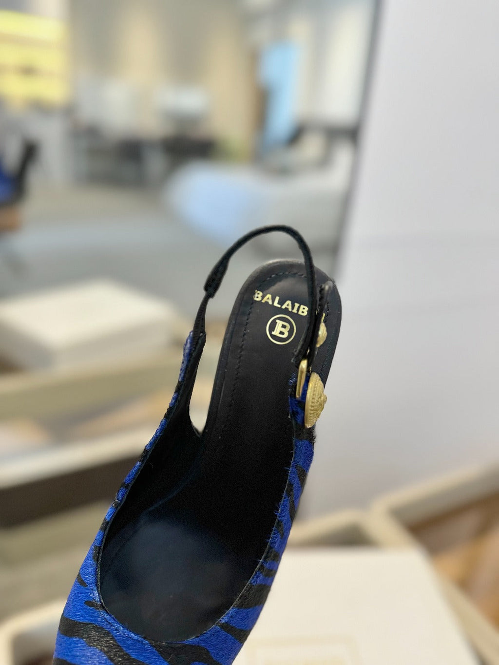 BALMAIN 25S SLINGBACK EVA 95MM IN BLUE AND BLACK ZEBRA PRINT CALFSKIN