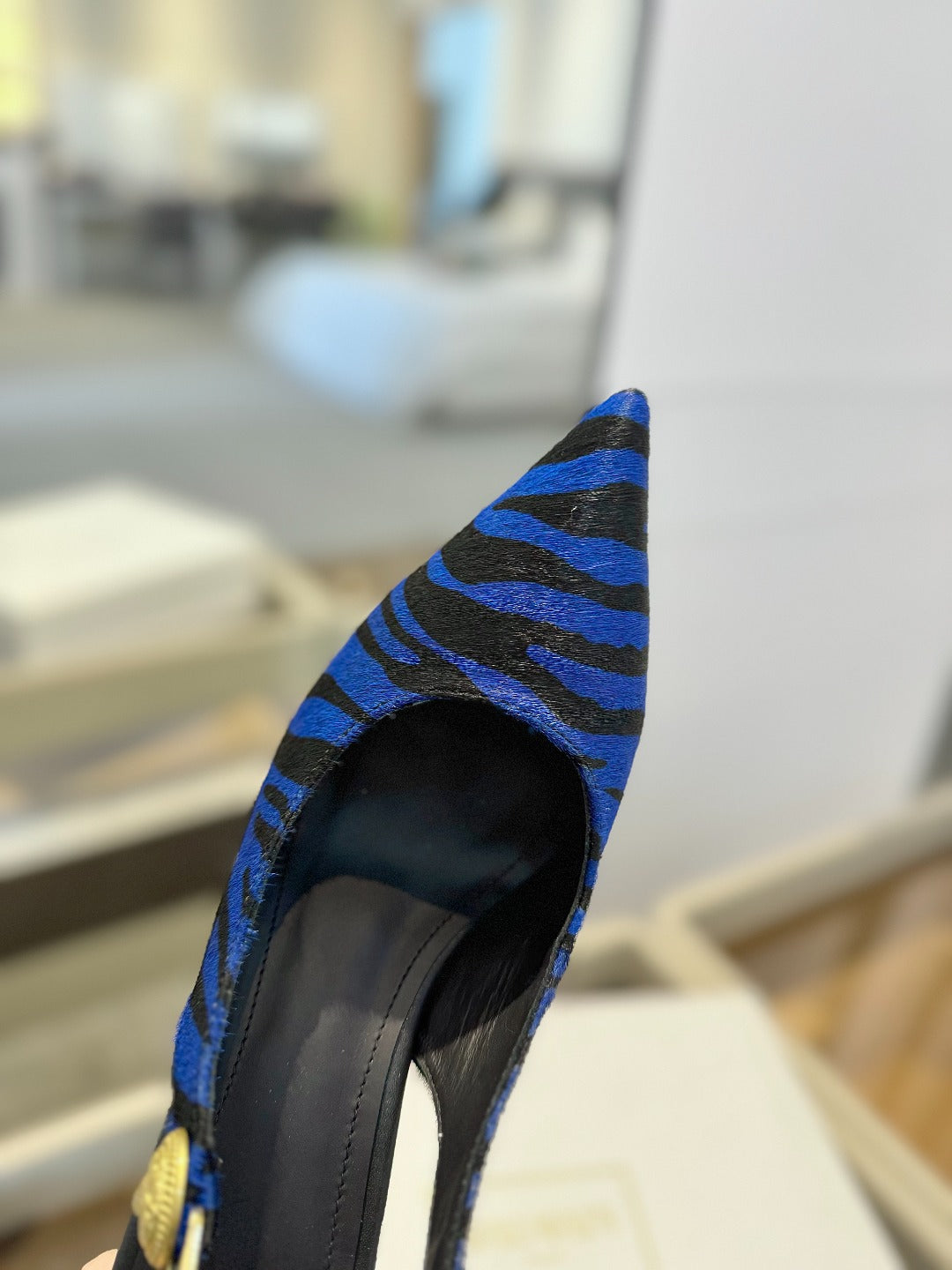 BALMAIN 25S SLINGBACK EVA 95MM IN BLUE AND BLACK ZEBRA PRINT CALFSKIN