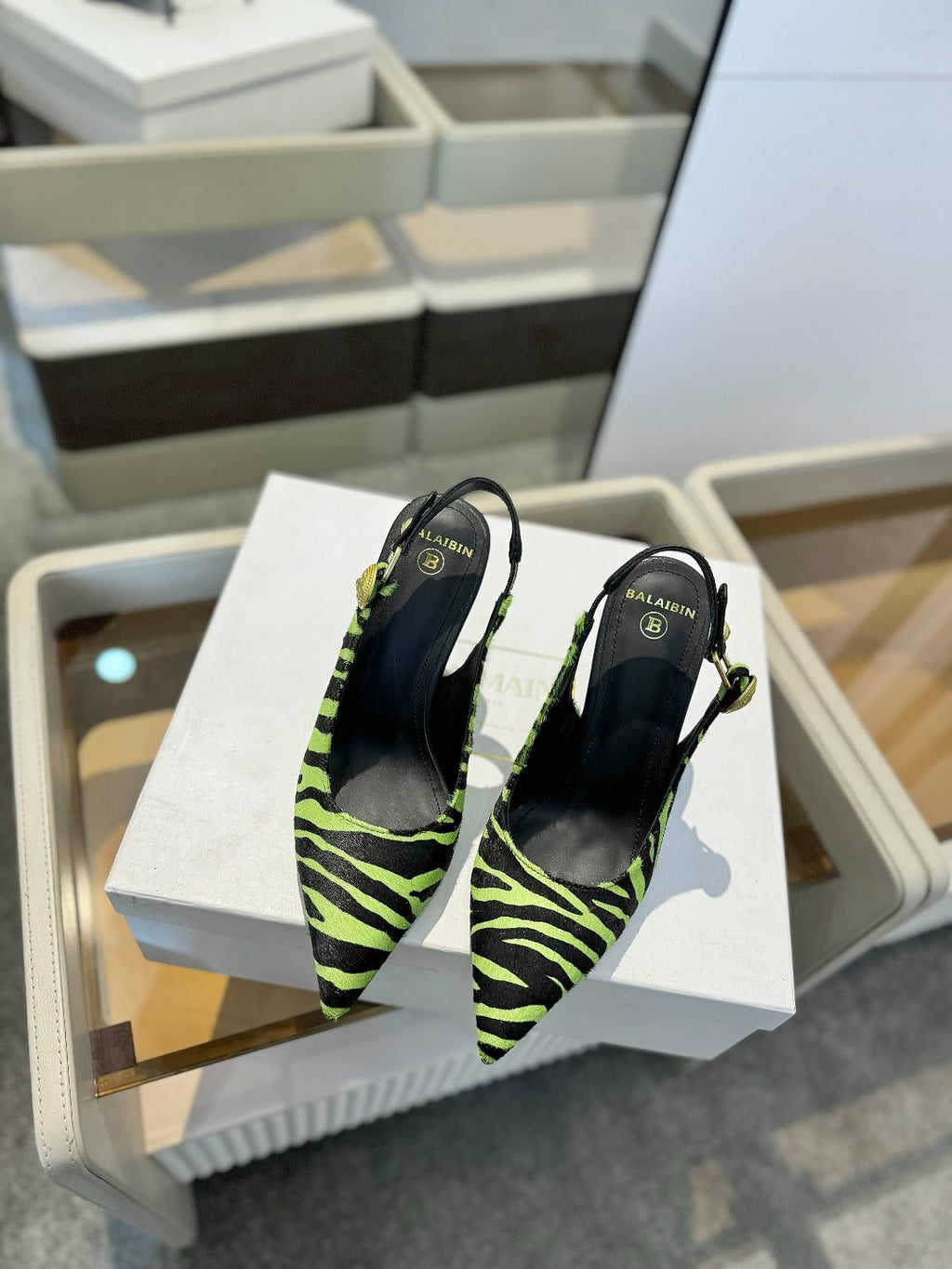 BALMAIN 25S SLINGBACK EVA 95MM IN GREEN AND BLACK ZEBRA PRINT CALFSKIN