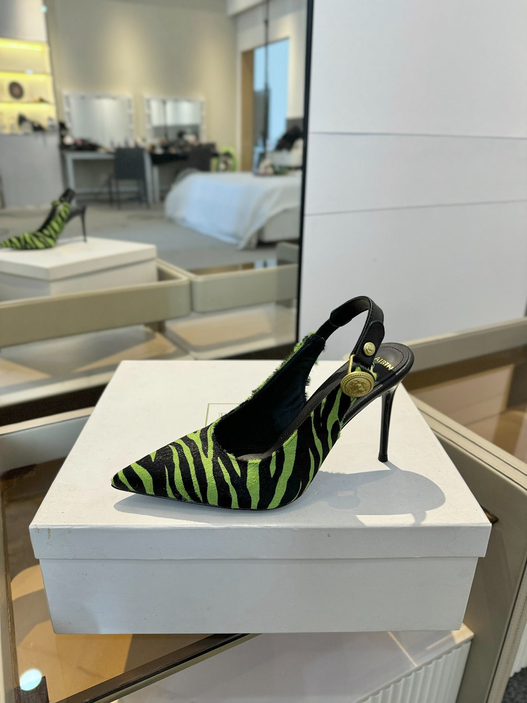 BALMAIN 25S SLINGBACK EVA 95MM IN GREEN AND BLACK ZEBRA PRINT CALFSKIN