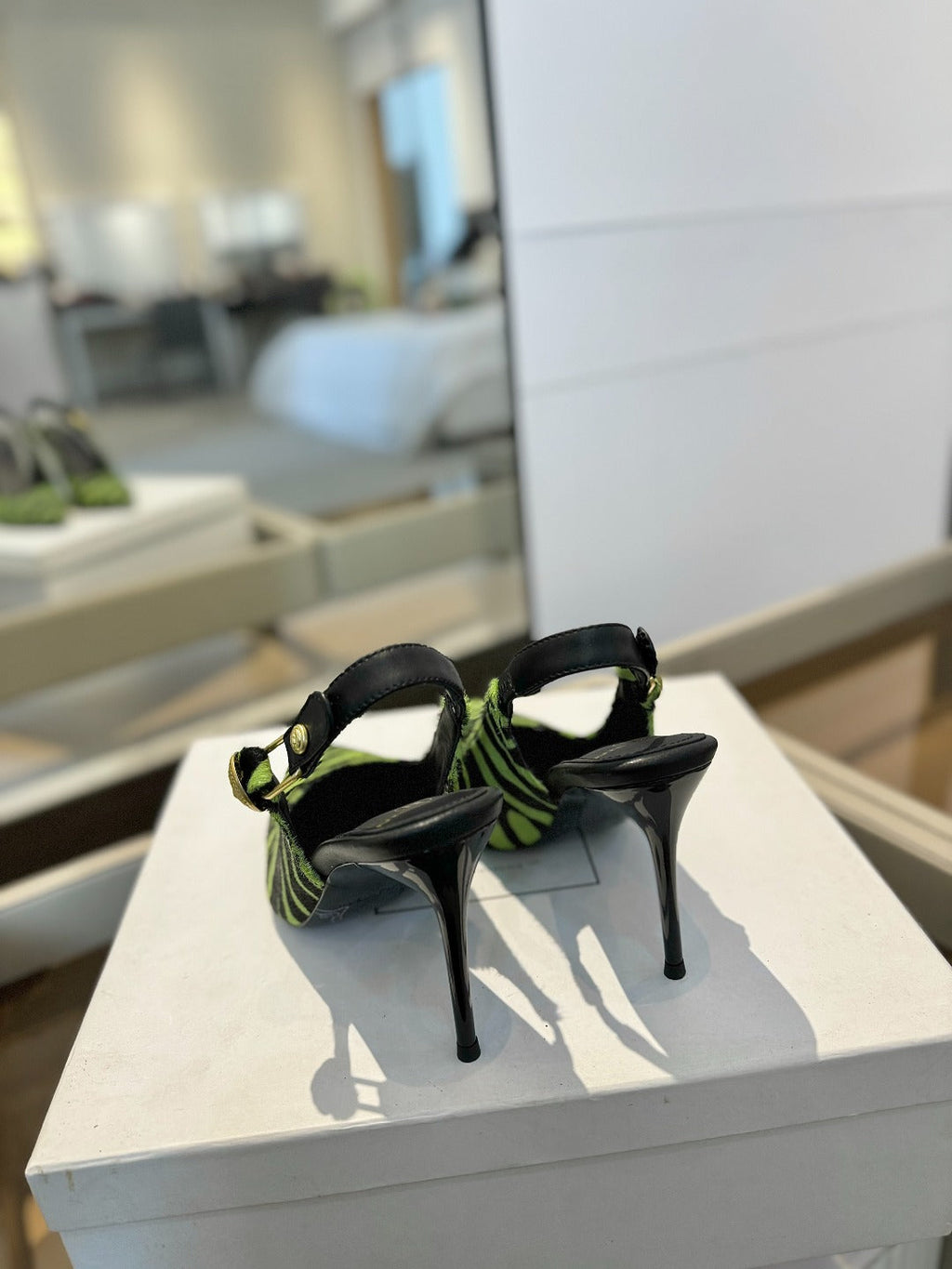 BALMAIN 25S SLINGBACK EVA 95MM IN GREEN AND BLACK ZEBRA PRINT CALFSKIN