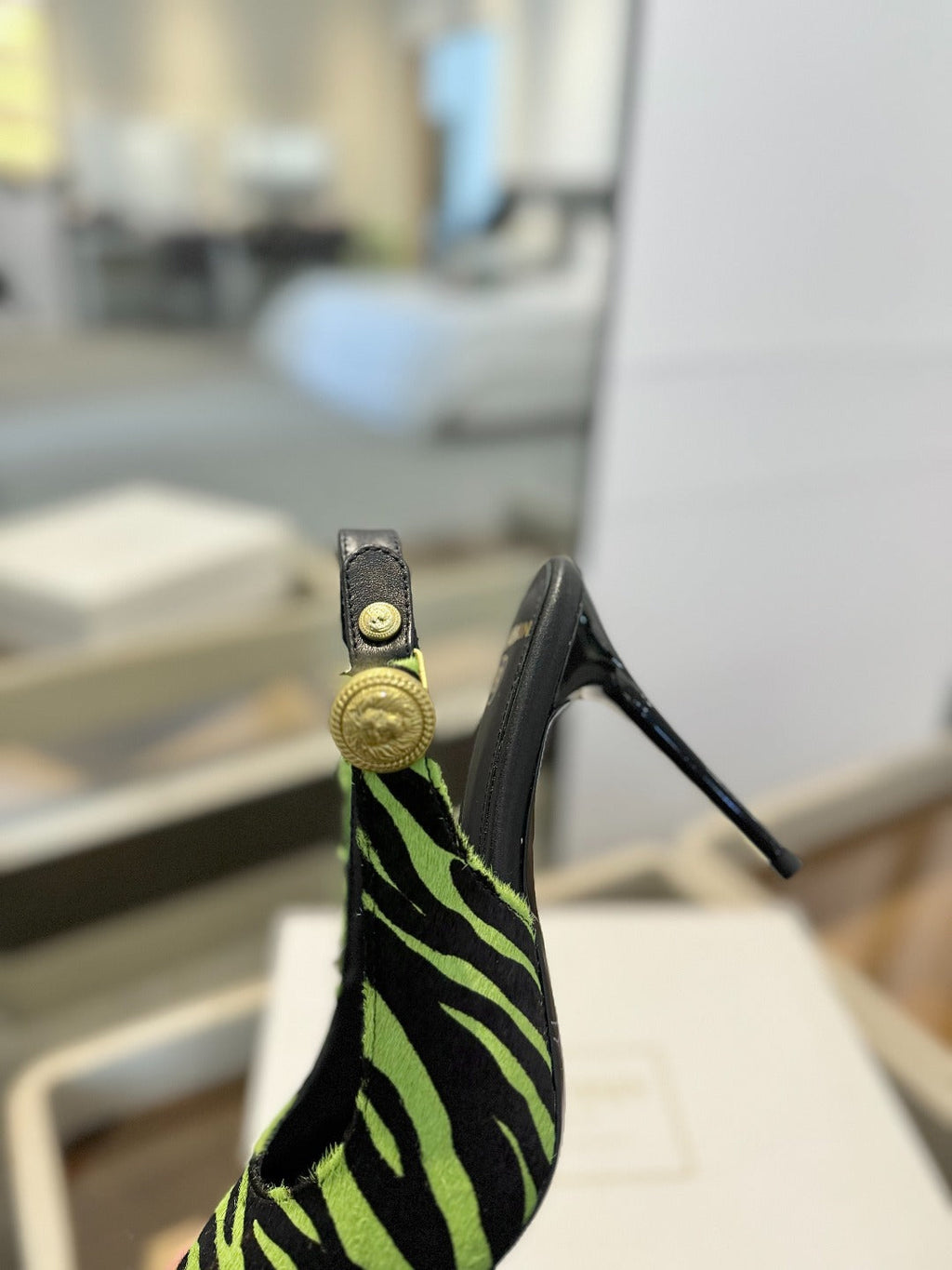 BALMAIN 25S SLINGBACK EVA 95MM IN GREEN AND BLACK ZEBRA PRINT CALFSKIN