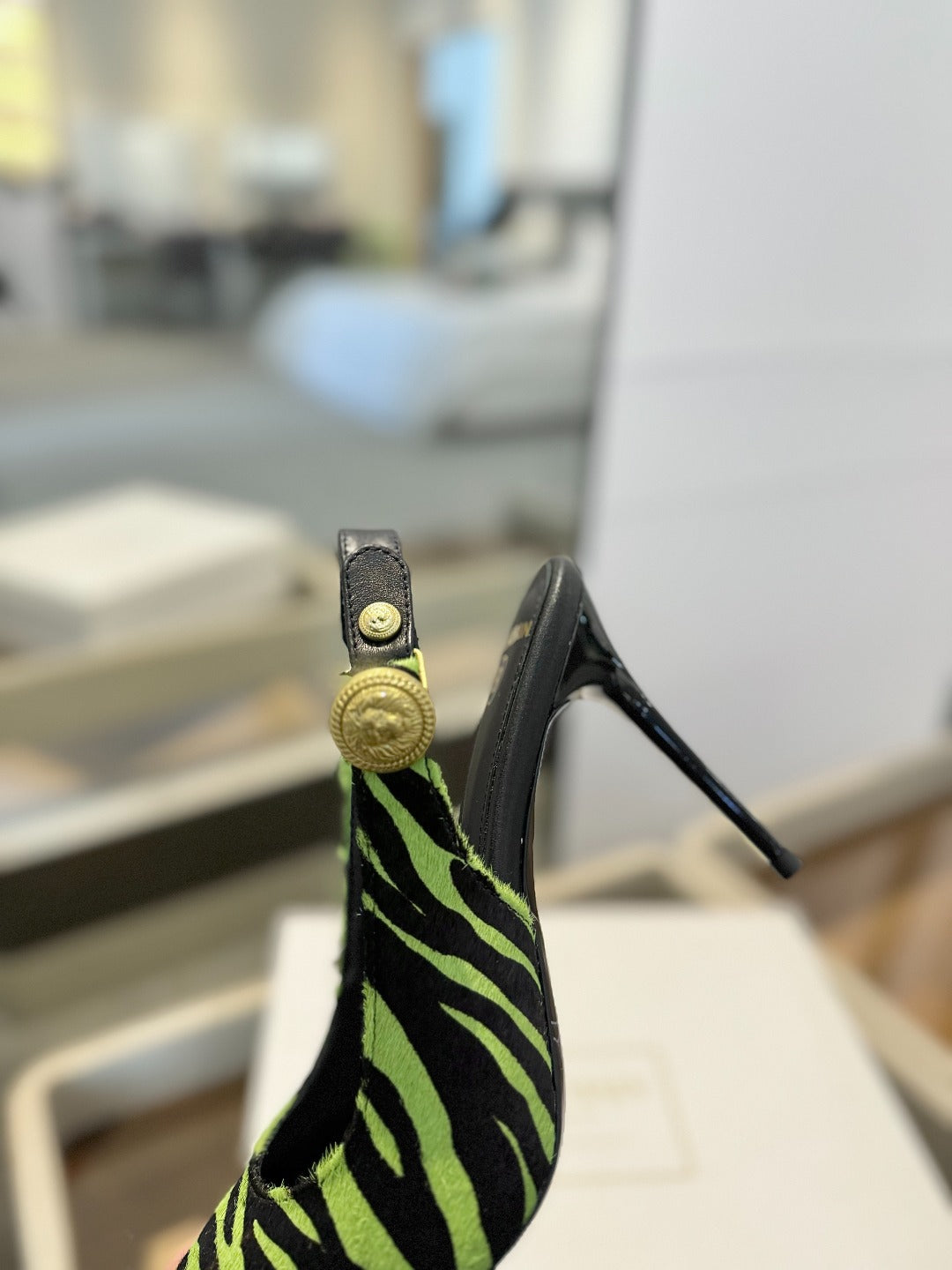 BALMAIN 25S SLINGBACK EVA 95MM IN GREEN AND BLACK ZEBRA PRINT CALFSKIN