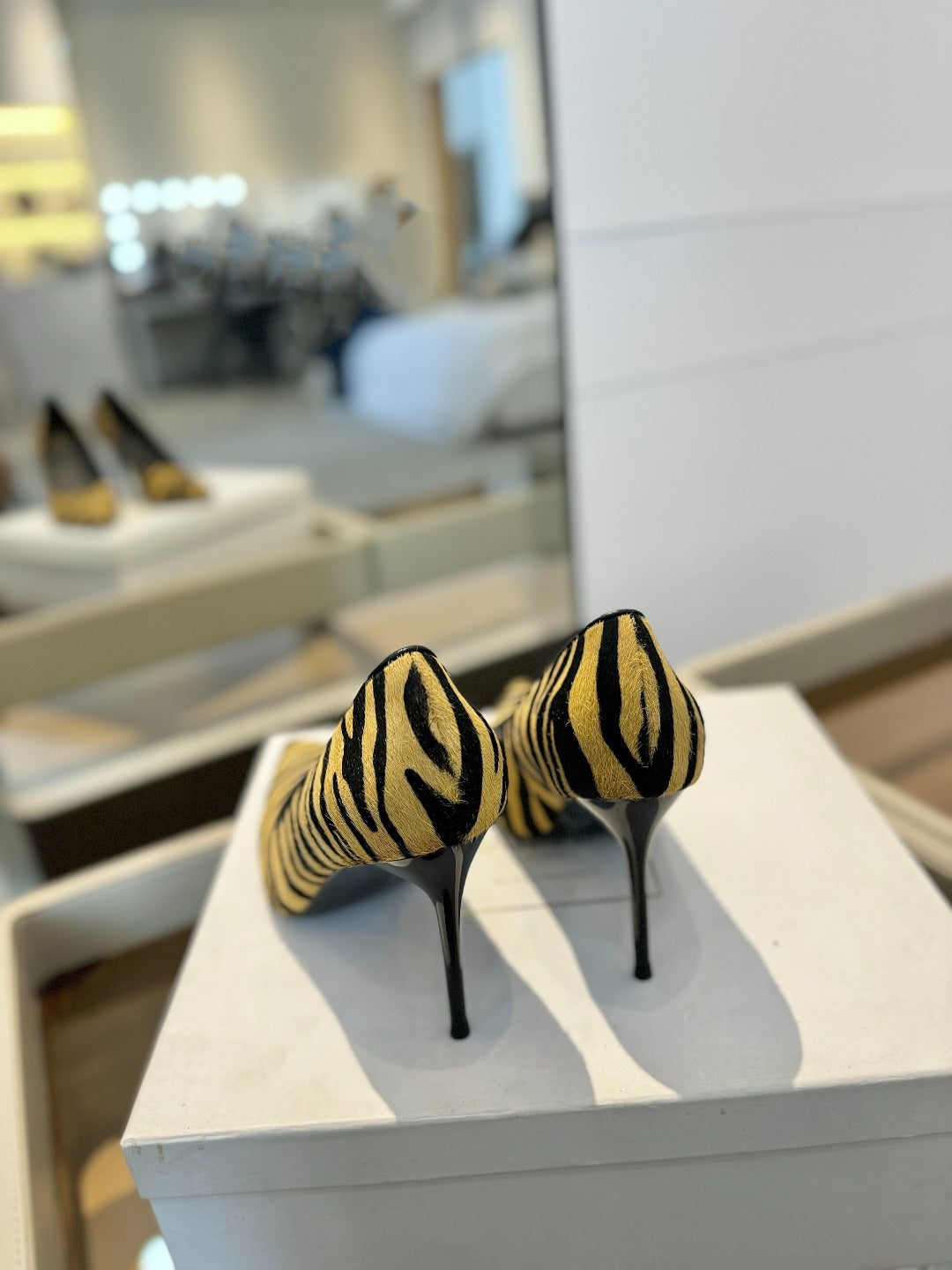 BALMAIN 25S HIGH HEELS 95MM IN YELLOW AND BLACK ZEBRA PRINT CALFSKIN
