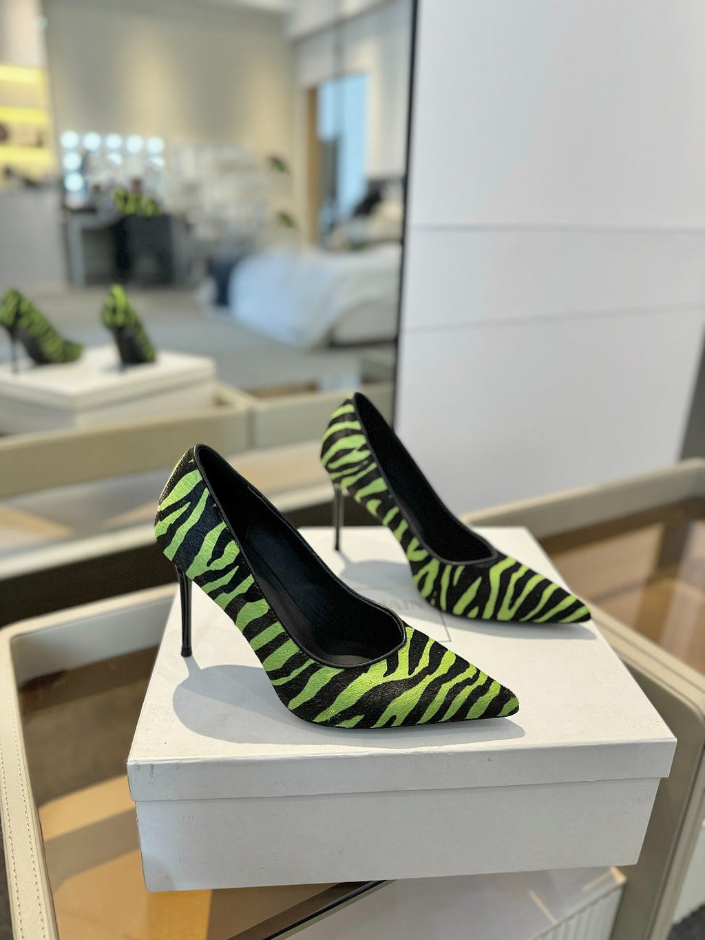 BALMAIN 25S HIGH HEELS 95MM IN GREEN AND BLACK ZEBRA PRINT CALFSKIN