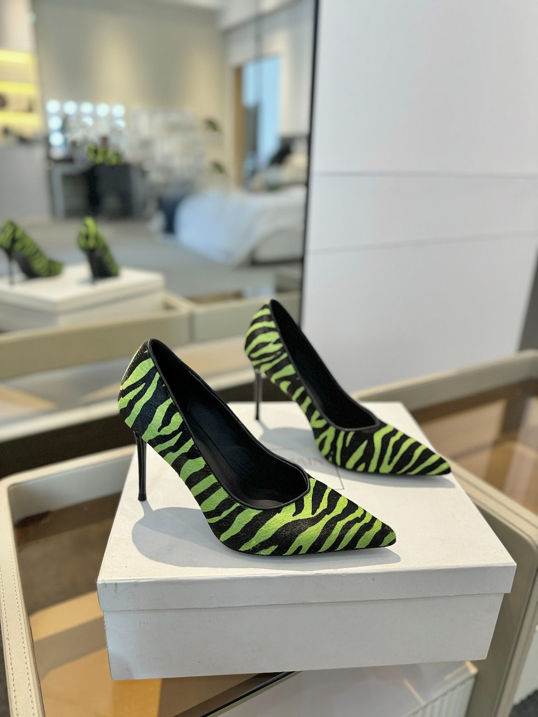 BALMAIN 25S HIGH HEELS 95MM IN GREEN AND BLACK ZEBRA PRINT CALFSKIN