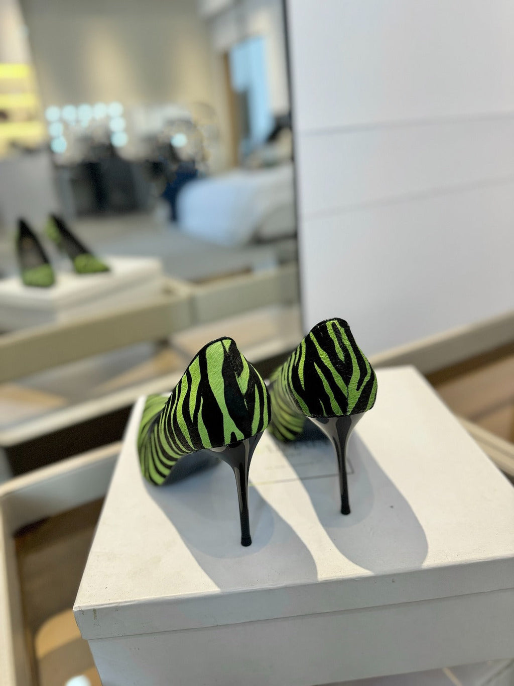 BALMAIN 25S HIGH HEELS 95MM IN GREEN AND BLACK ZEBRA PRINT CALFSKIN