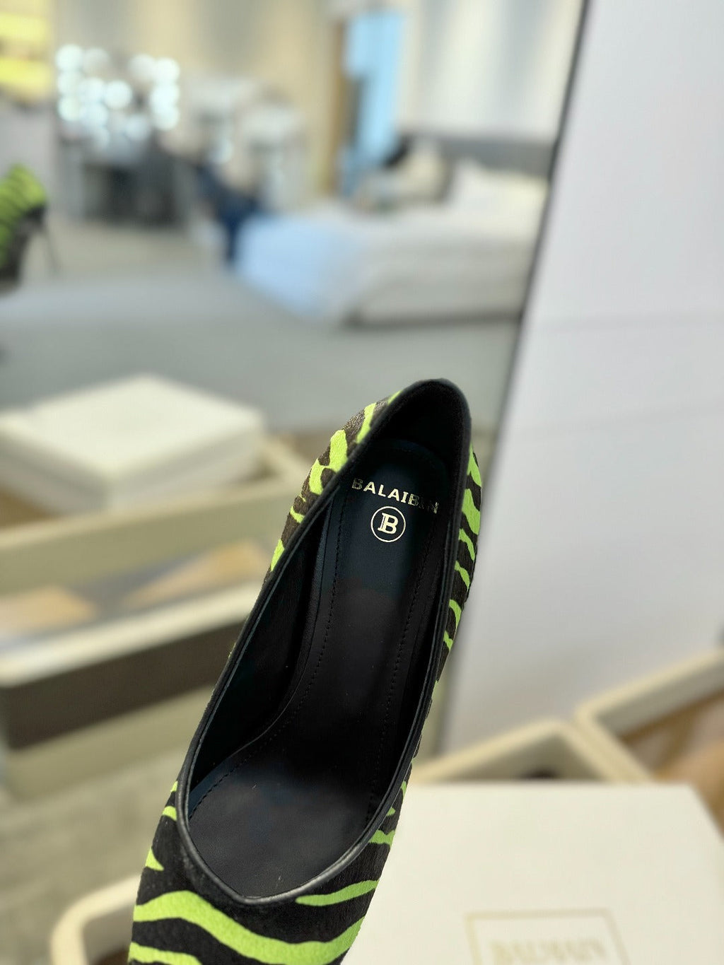 BALMAIN 25S HIGH HEELS 95MM IN GREEN AND BLACK ZEBRA PRINT CALFSKIN