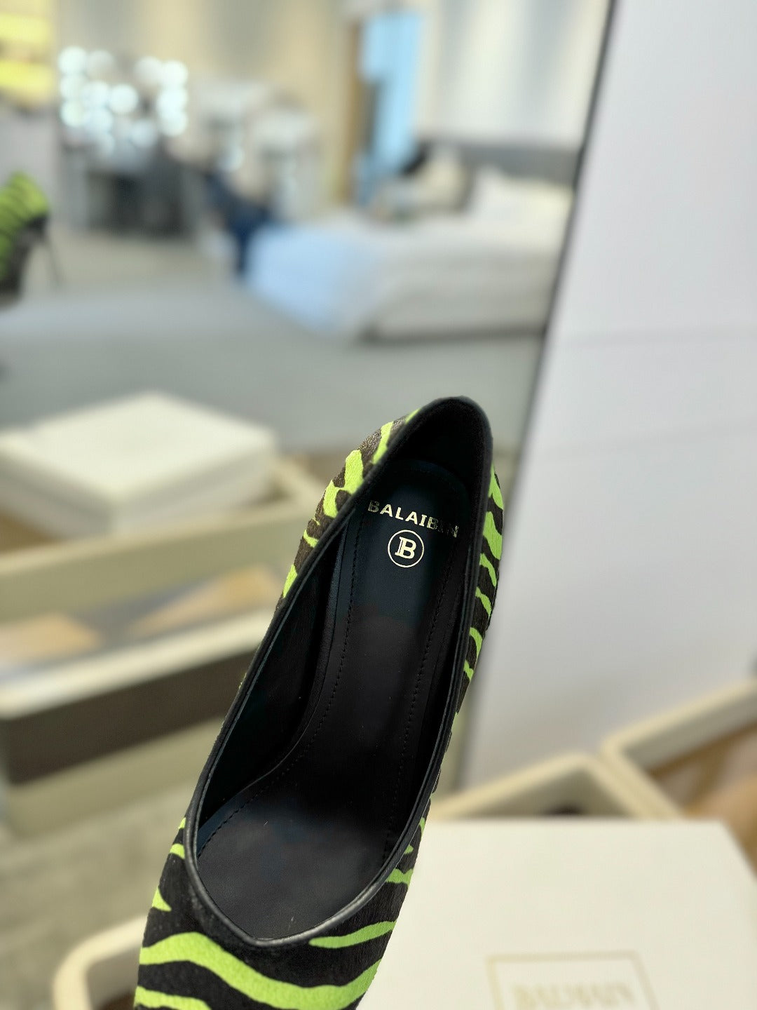 BALMAIN 25S HIGH HEELS 95MM IN GREEN AND BLACK ZEBRA PRINT CALFSKIN