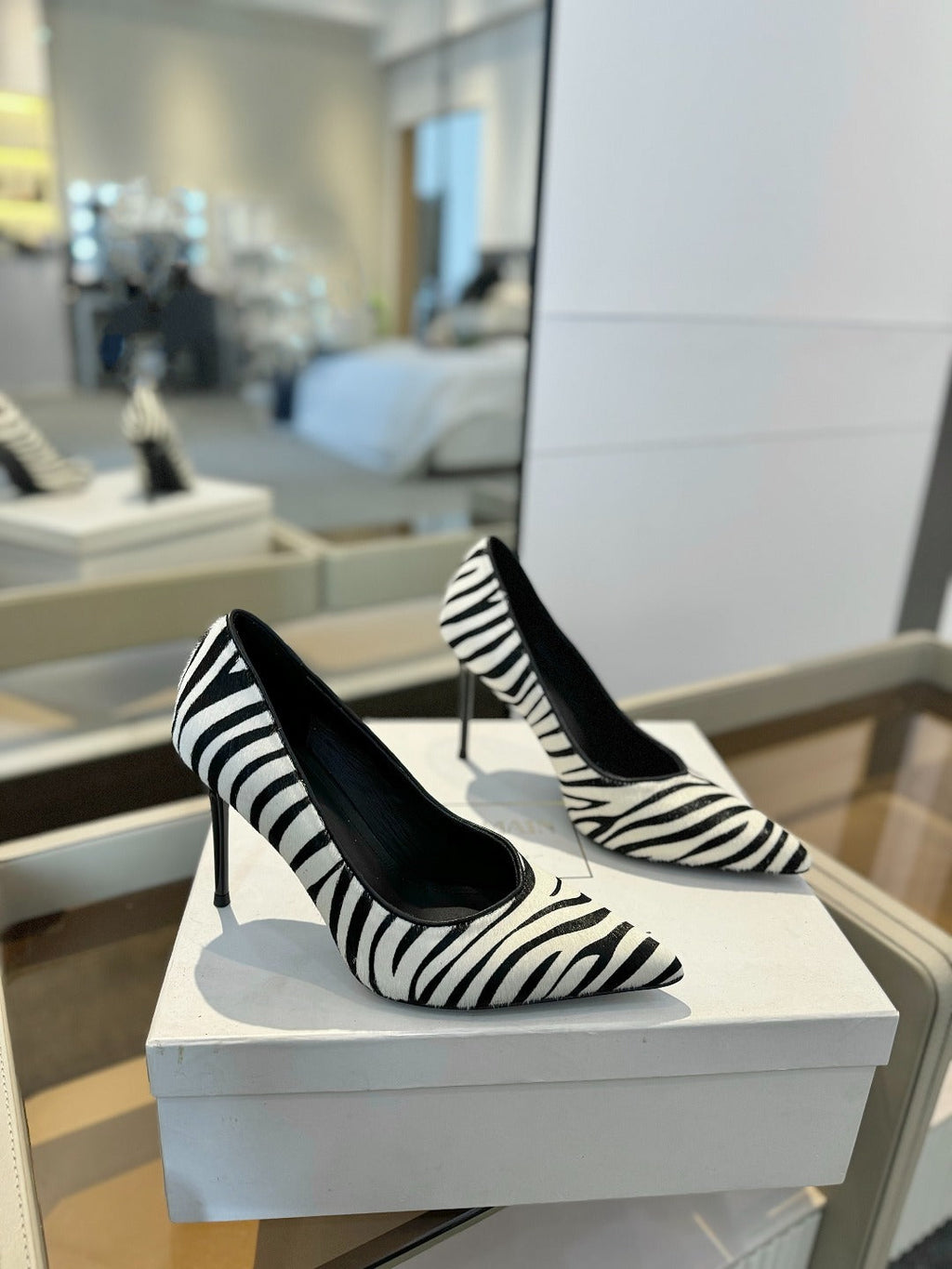 BALMAIN 25S HIGH HEELS 95MM IN WHITE AND BLACK ZEBRA PRINT CALFSKIN