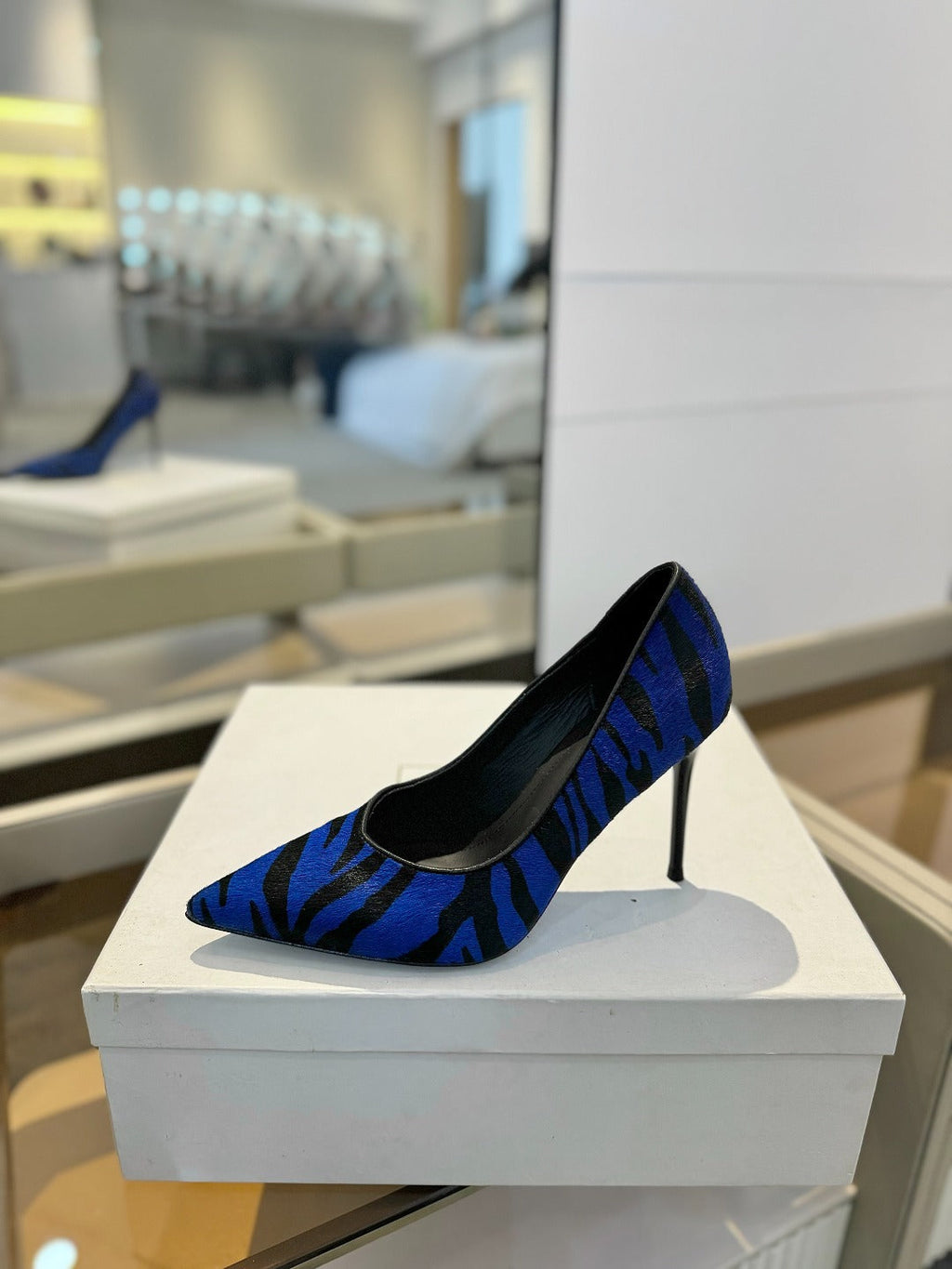 BALMAIN 25S HIGH HEELS 95MM IN BLUE AND BLACK ZEBRA PRINT CALFSKIN