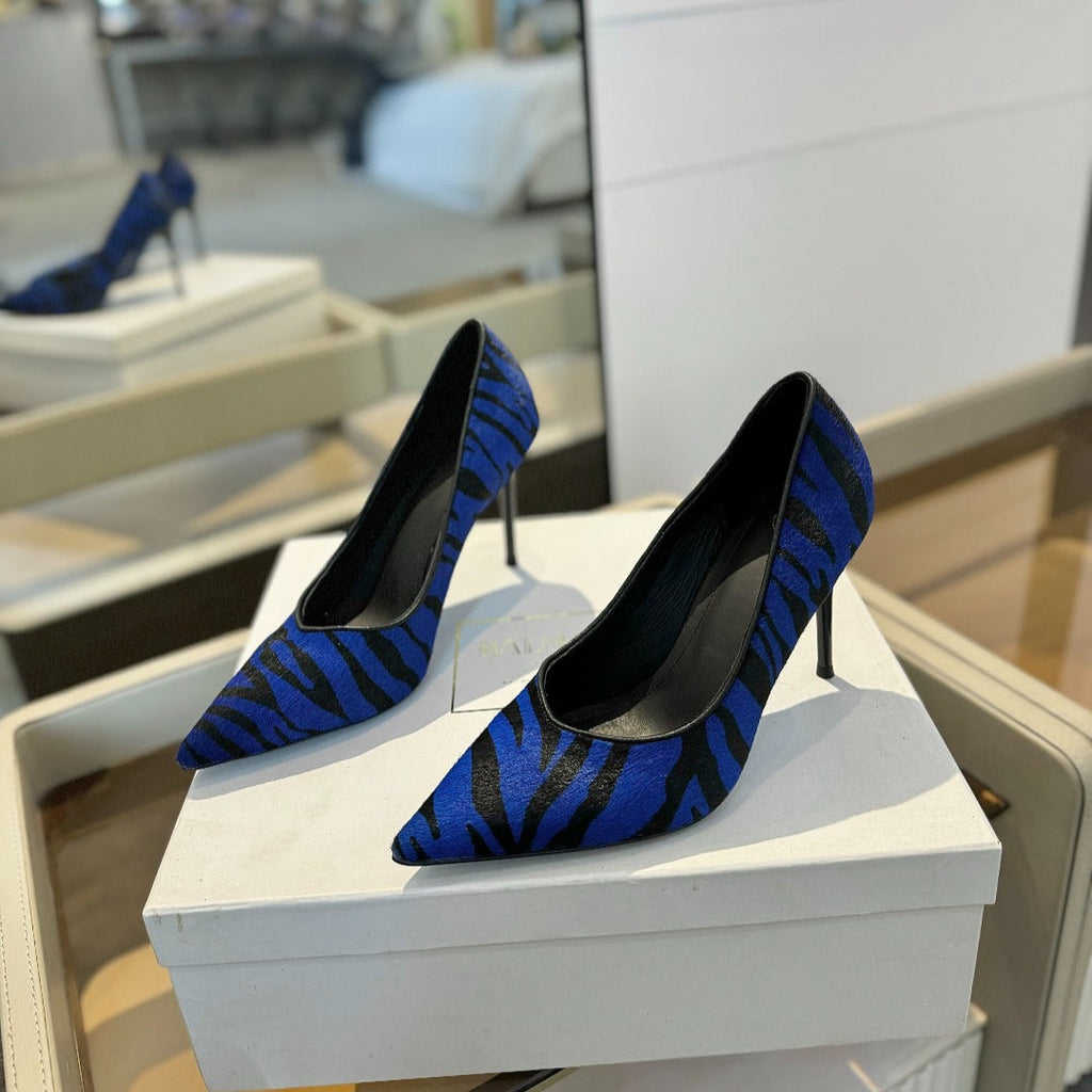 BALMAIN 25S HIGH HEELS 95MM IN BLUE AND BLACK ZEBRA PRINT CALFSKIN