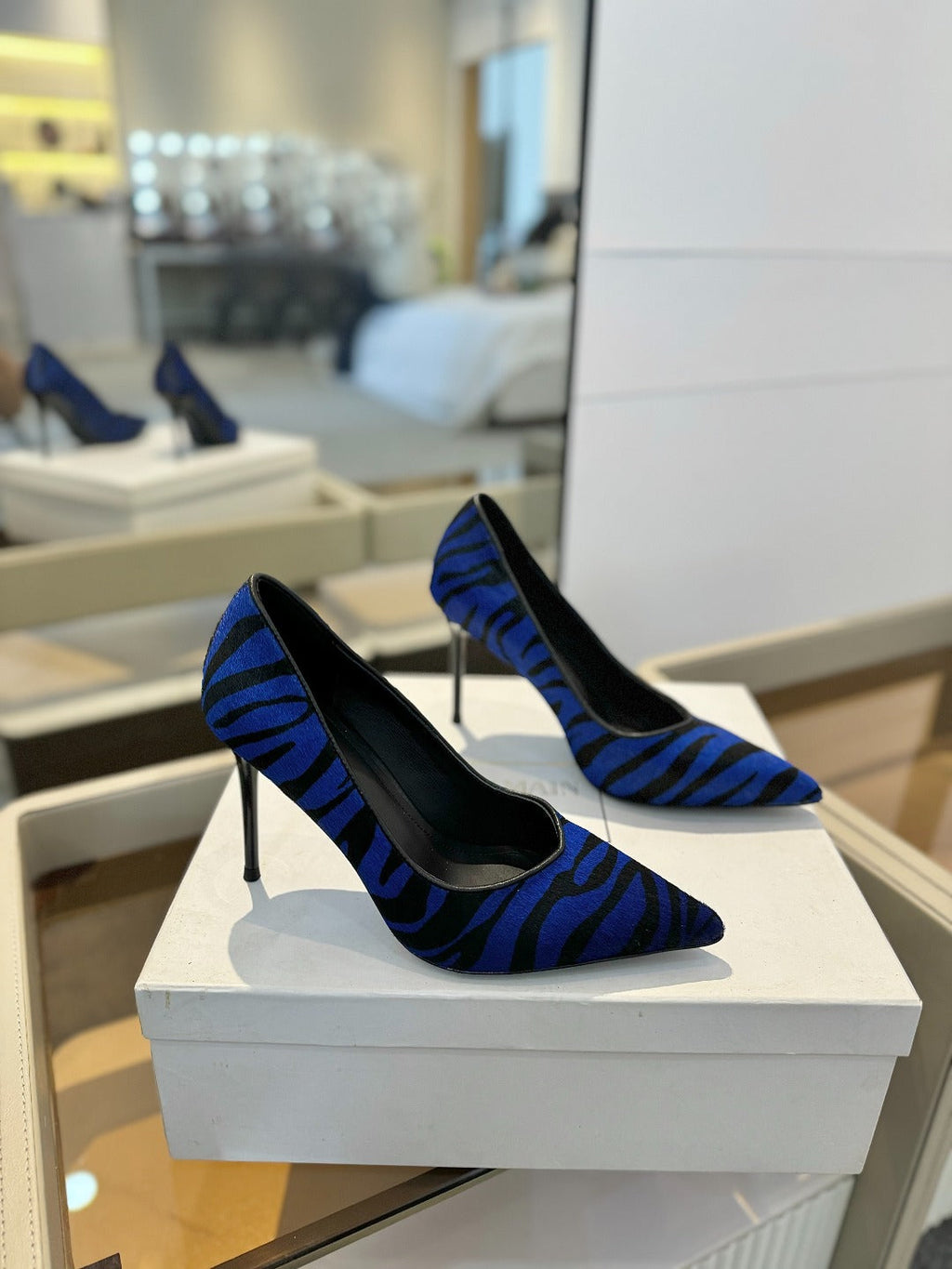 BALMAIN 25S HIGH HEELS 95MM IN BLUE AND BLACK ZEBRA PRINT CALFSKIN