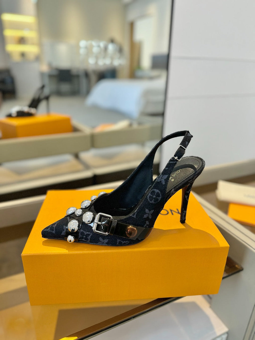 HIGH HEELS 95 MM IN BLACK MONOGRAM DENIM WITH CRYSTALS