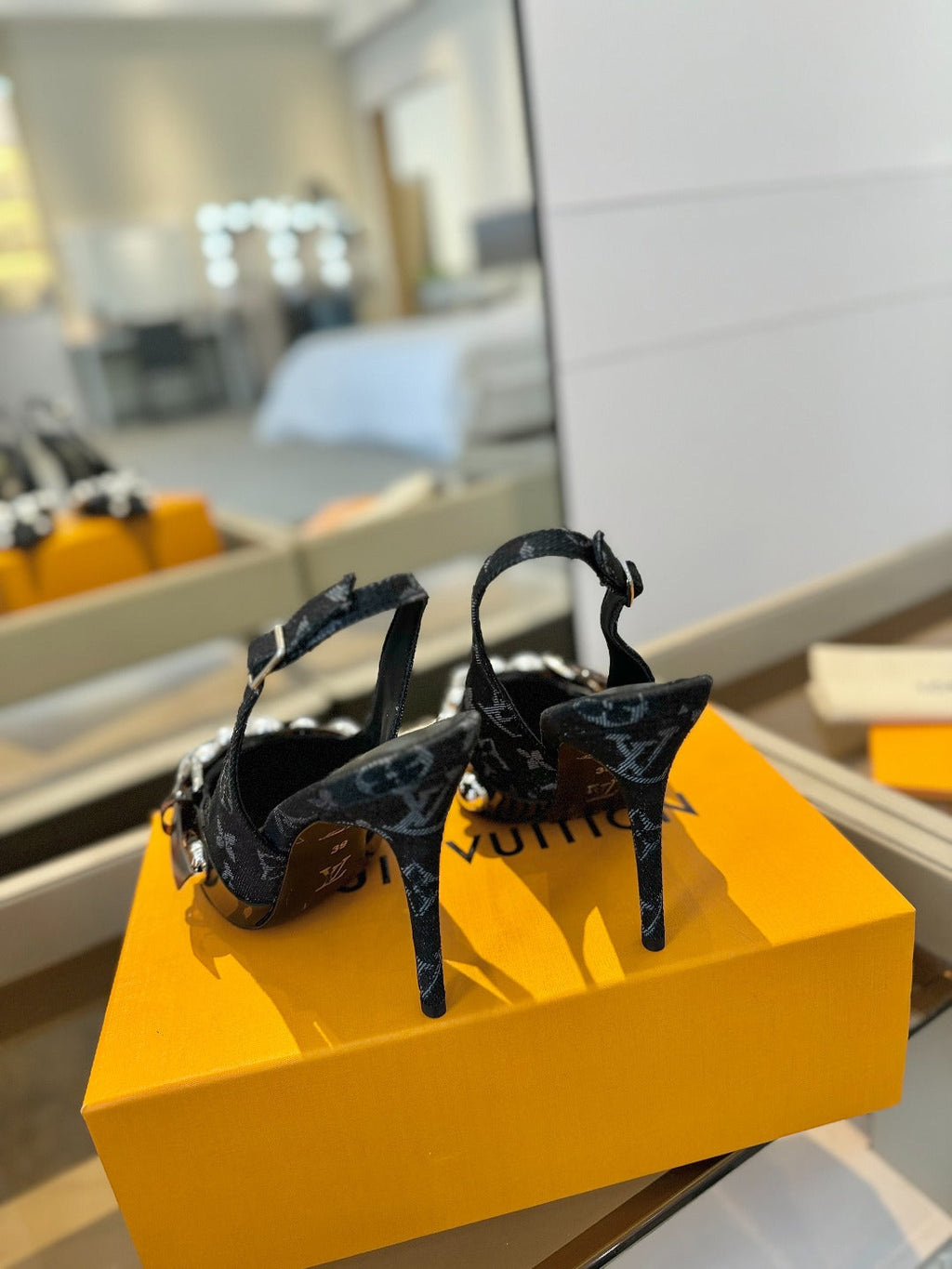 HIGH HEELS 95 MM IN BLACK MONOGRAM DENIM WITH CRYSTALS