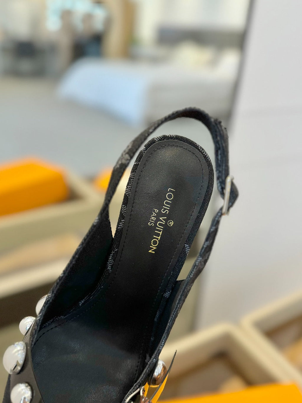 HIGH HEELS 95 MM IN BLACK MONOGRAM DENIM WITH CRYSTALS