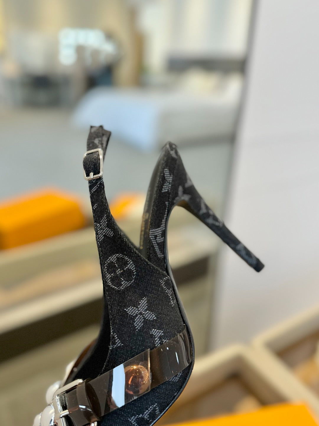 HIGH HEELS 95 MM IN BLACK MONOGRAM DENIM WITH CRYSTALS