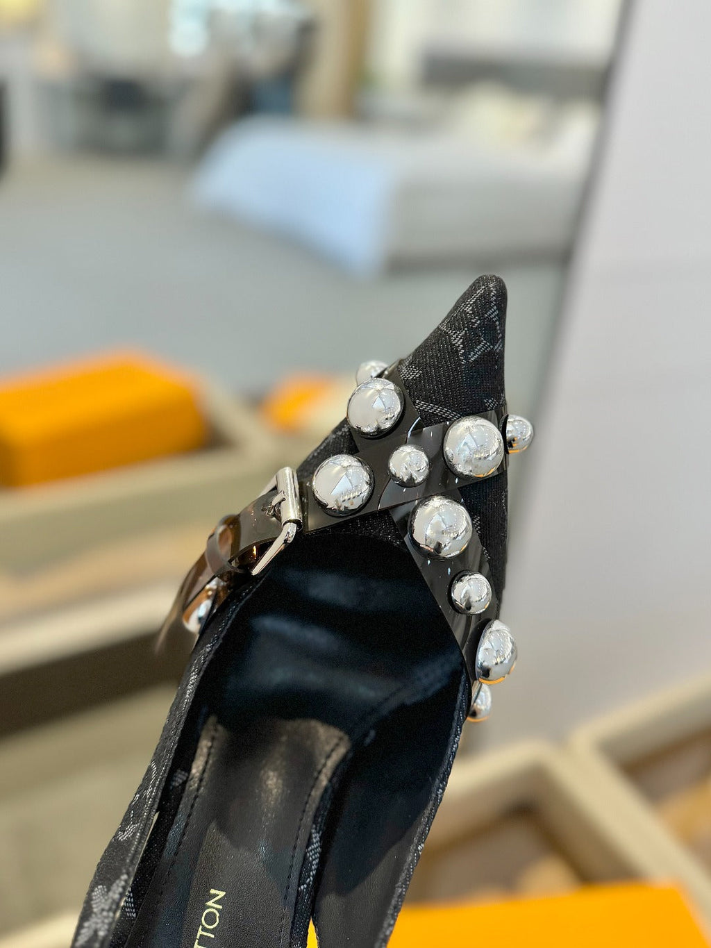 HIGH HEELS 95 MM IN BLACK MONOGRAM DENIM WITH CRYSTALS