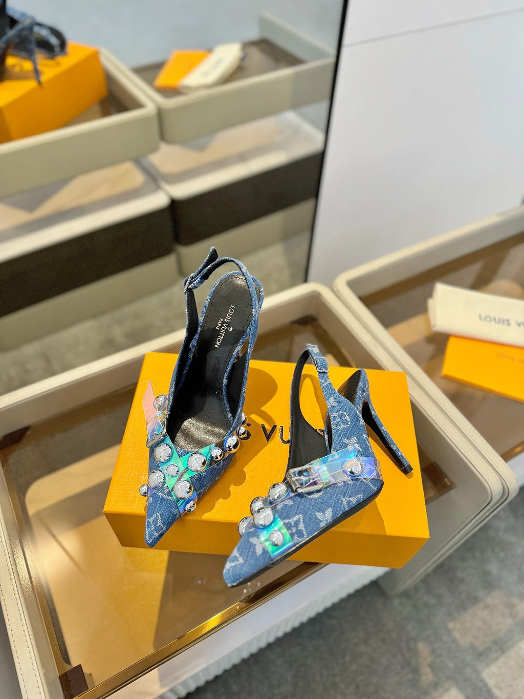 HIGH HEELS 95 MM IN CLASSIC BLUE MONOGRAM DENIM WITH CRYSTALS