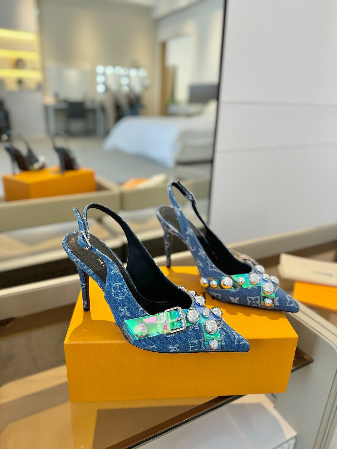 HIGH HEELS 95 MM IN CLASSIC BLUE MONOGRAM DENIM WITH CRYSTALS